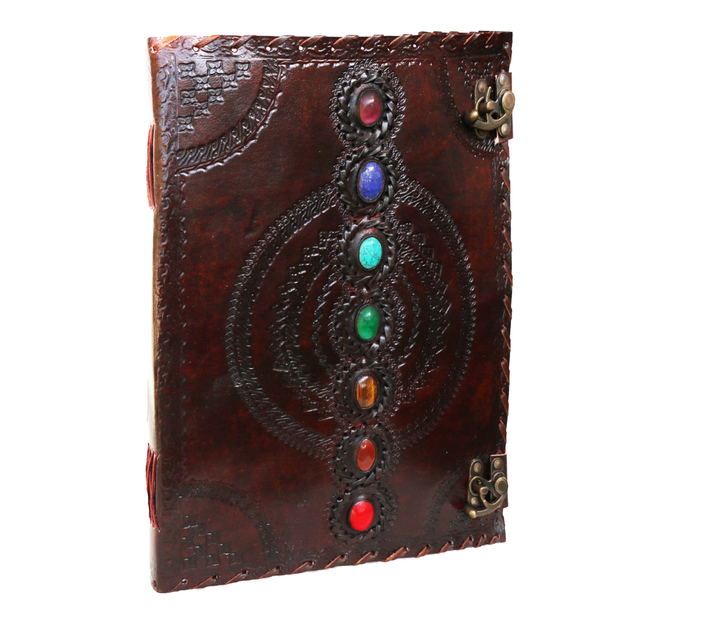 This personalized handcrafted leather chakra journal features seven vibrant healing stones aligned to represent the chakras. Intricately embossed by hand and secured with dual antique brass clasps, it radiates vintage charm and mystical energy. Ideal as a customized Wiccan grimoire, yoga journal, or meditation diary. A thoughtful birthday gift, graduation gift, or spiritual gift for men and women who value mindfulness, crystal healing, and artisan craftsmanship in their sacred writing space.