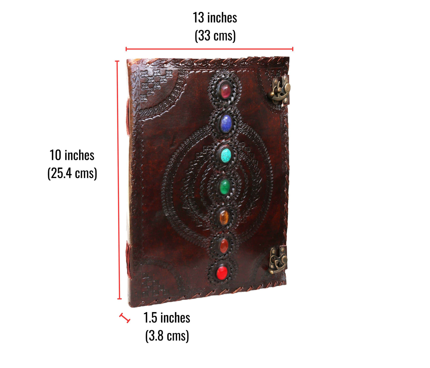 Elevate Your Spiritual Journey With This Large 13-inch Handcrafted Chakra Leather Journal, Featuring Seven Aligned Healing Stones For Each Energy Center. Perfect As A Personalized Wiccan Spellbook, Reiki Diary, Or Yoga Meditation Notebook. The Richly Embossed Cover And Dual Antique Brass Clasps Offer Vintage Charm. Hand-stitched Premium Deckle-edge Pages, Customized Journal Makes Meaningful Birthday Gift, Graduation Gift Men Women On Any Path.