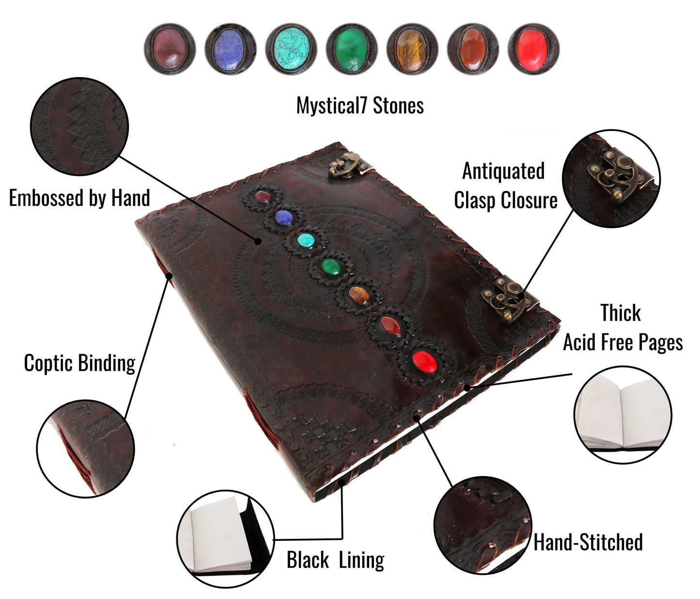 This Handcrafted Chakra Leather Journal Features Seven Mystical Stones Aligned For Spiritual Balance—ideal Meditation, Manifestation, Or As A Wiccan Spellbook. Hand-embossed And Secured With Dual Antique Clasps, It Blends Artistry Purpose. Thick Acid-free Pages, Black Lining, Durable Coptic Binding, Personalized Is Perfect Tarot Journaling Dreamwork. Customized Birthday Gift, Graduation Gift Men Women Seeking Mindful, Meaningful Expression.