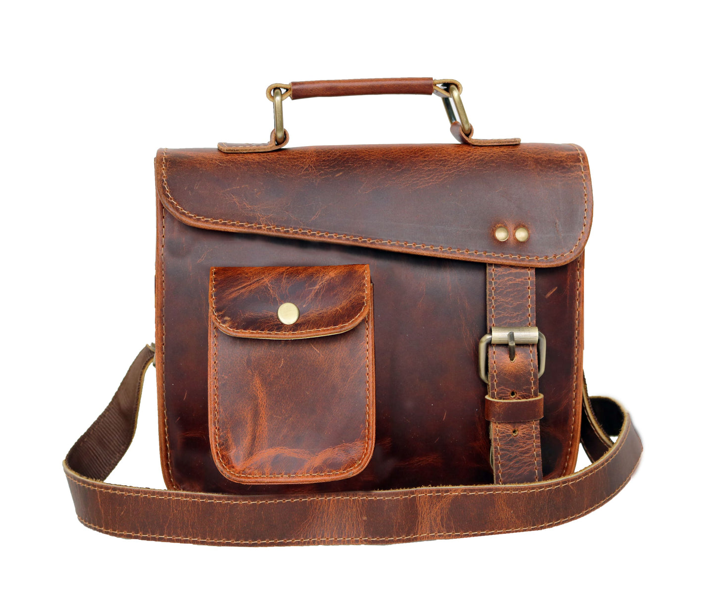 This Image Features A Compact And Stylish Leather Crossbody Bag Designed For Both Functionality Elegance. Made From Rich Brown 100% Genuine Buffalo Leather, It Showcases Smooth Matte Finish With Slightly Rugged, Vintage Texture. The Top Handle, Reinforced Antique Brass Hardware, Allows Easy Hand Carrying. Front Pocket Snap-button Flap Offers Convenient Storage, While Main Compartment Secures Strap Buckle Concealed Push Lock. Customized, Personalized Gift Men Women—perfect Birthdays Or Graduations.