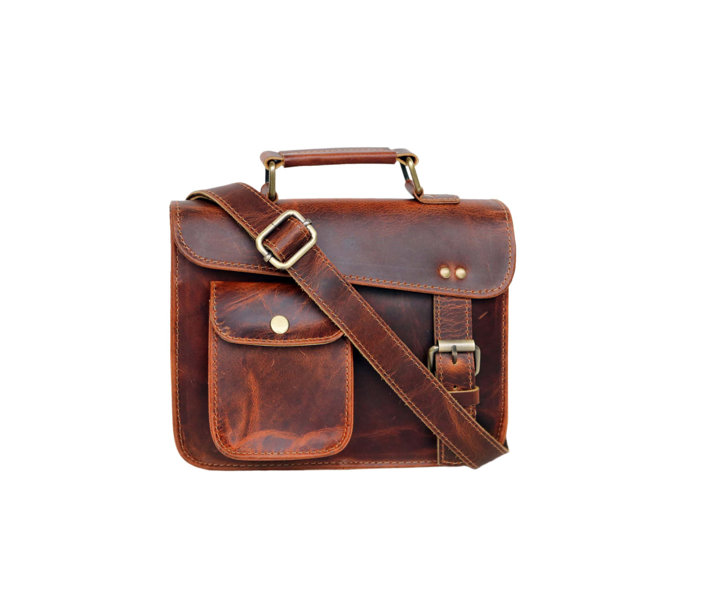 This Image Showcases A Stylish, Compact Leather Messenger Bag Crafted From Rich, Vintage-style Brown Leather. It Features Top Handle For Easy Carrying And An Adjustable Shoulder Strap Hands-free Convenience. The Front Includes Small Flap Pocket With Button Closure Quick-access Items. Concealed Push Lock Beneath Main Adds Security Without Compromising Style. Finished Brass Hardware Detailed Stitching, Customized Makes Perfect Personalized Gift Men Women—ideal Birthdays Or Graduations.