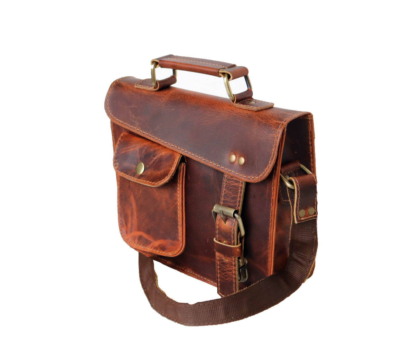 This Image Showcases A Stylish And Compact Leather Messenger Bag Made From 100% Genuine Buffalo Leather. Its Rich Tan Hue Naturally Distressed Finish Highlight Vintage Charm Rugged Durability. The Top Handle Is Reinforced With Sturdy Brass Hardware For Convenient Hand-carrying. Front Flap Pocket Snap-button Closure Offers Quick Access, While Main Secures Strap Buckle Hidden Push-lock. An Adjustable Shoulder Durable Fabric Accents, Customized Makes Perfect Personalized Gift Men And Women