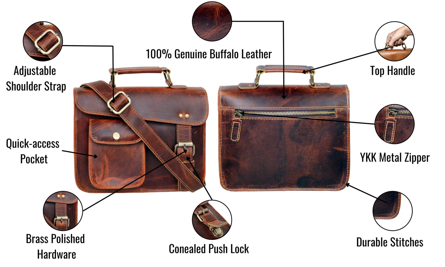 This Image Provides A Detailed Visual Breakdown Of Compact Leather Messenger Bag, Crafted From 100% Genuine Buffalo Leather—renowned For Its Resilience And Premium Texture. The Front Features An Adjustable Shoulder Strap Versatile Carrying Quick-access Pocket With Secure Flap Closure, Ideal Small Essentials. Brass-polished Hardware Adds Vintage Charm Durability, While Concealed Push Lock Enhances Security. Back Showcases Sturdy Top Handle Grab-and-go Ease—a Perfect Customized, Personalized Gift Men Women