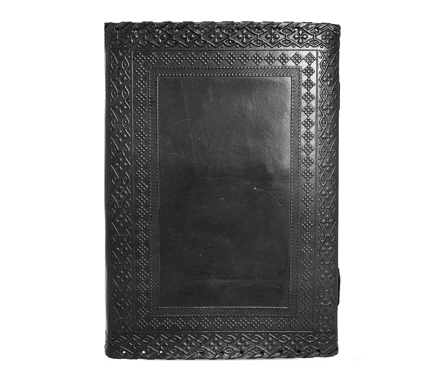The Front Cover Of This Handcrafted Journal Showcases A Beautifully Embossed Design, Blending Traditional Craftsmanship With Vintage Charm. Made From Richly Textured, Traditionally Tanned Leather, It Features Elegant Border Detailing And Minimalist Central Panel For Balanced Sophistication. Durable Stylish, Its Timeless Design Protects Your Notes While Serving As Refined Accessory. Customizable Personal, Makes Meaningful Gift Writers, Creatives, Or Anyone Who Appreciates Artisan Quality.
