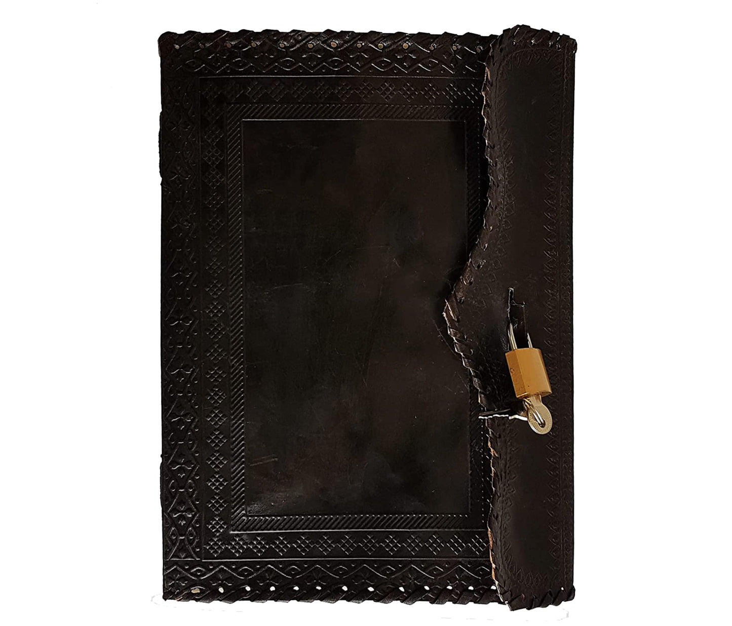 This Elegant Black Leather Journal Exudes Timeless Sophistication With Its Traditionally Tanned, Richly Textured Cover. An Intricately Hand-embossed Border Frames The Smooth Central Panel, While A Scalloped Flap Lock-and-key Closure Ensures Privacy And Vintage Charm. Ideal For Sketching, Writing, Or Journaling, Handcrafted Piece Can Be Customized Personalized Touch—making It Thoughtful, Stylish Gift Creatives, Writers, Anyone Who Cherishes Classic Design Function.