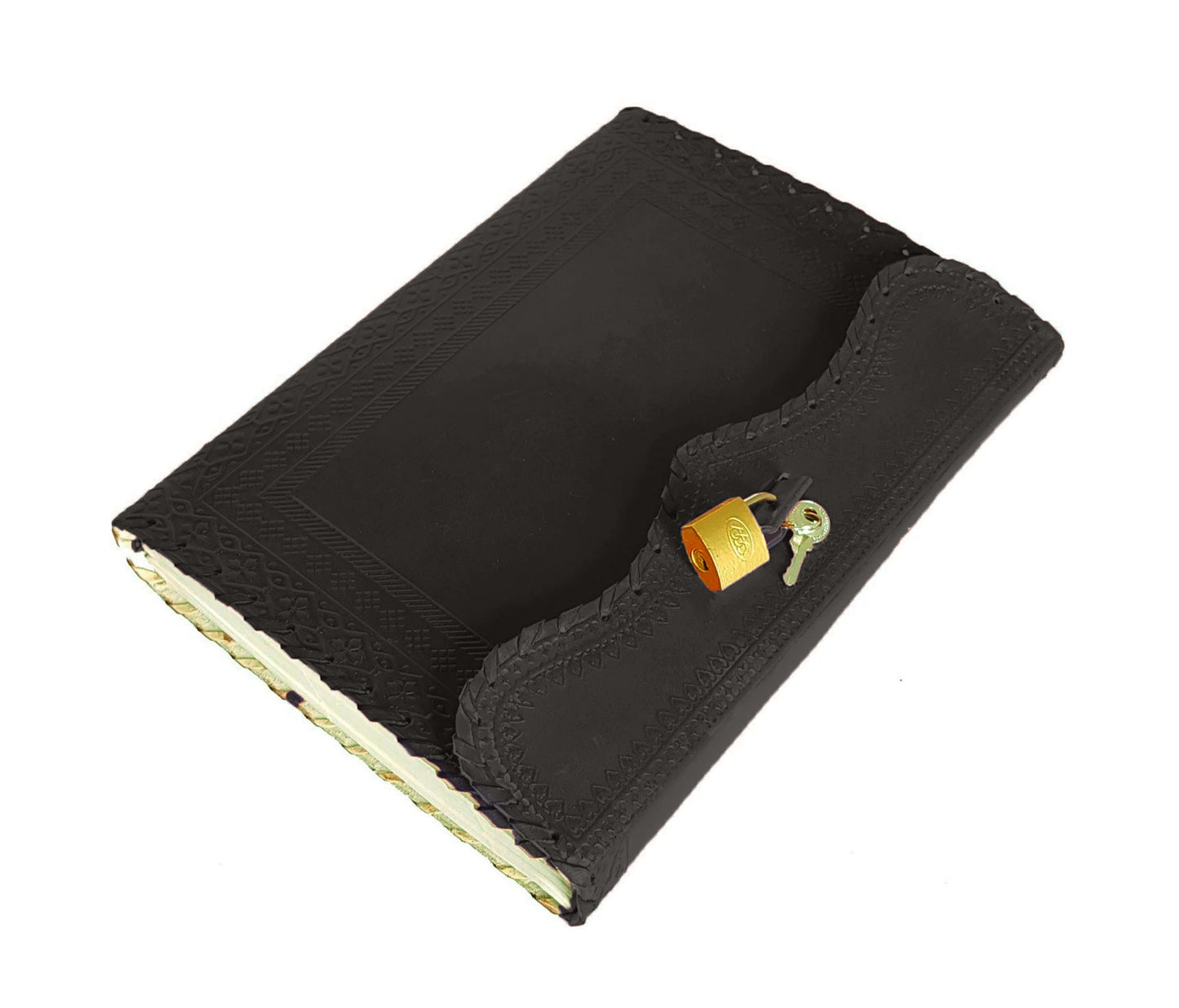 This Beautifully Handcrafted Black Leather Journal Combines Elegance, Durability, And Secure Design. Made From Traditionally Tanned Leather, It Features A Subtle Hand-embossed Pattern Curved Flap Outlined With Precise Hand-stitching. The Vintage-style Lock-and-key Closure Adds Old-world Charm Privacy. Inside, Thick, Acid-free Pages Are Perfect For Journaling, Sketching, Or Planning. Timeless, Customizable Gift Writers, Creatives, Professionals Who Value Style, Function, Personal Expression.