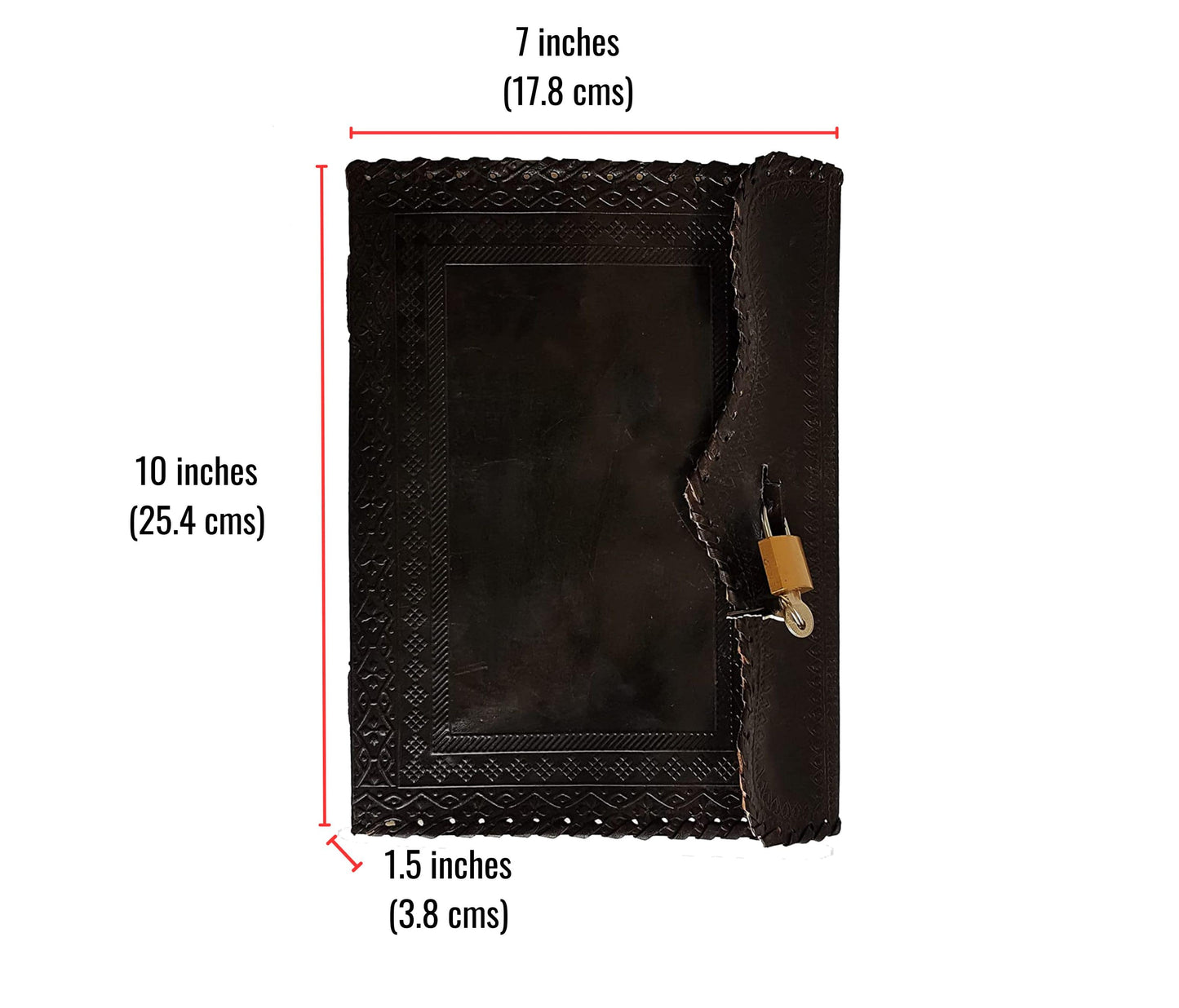 This Handcrafted Black Leather Journal Measures 10 X 7 X 1.5 Inches—perfectly Sized For Daily Use And Easy Portability. Made From Traditionally Tanned Leather, It Features Intricate Hand-embossed Designs And A Unique Scalloped Flap Secured By A Functional Lock-and-key Closure For Added Privacy. Blending Elegance With Security, This Customizable Journal Is Ideal For Writing, Sketching, Or Gifting. Its Classic Black Finish Adds A Sophisticated Touch For Both Modern And Vintage Tastes.