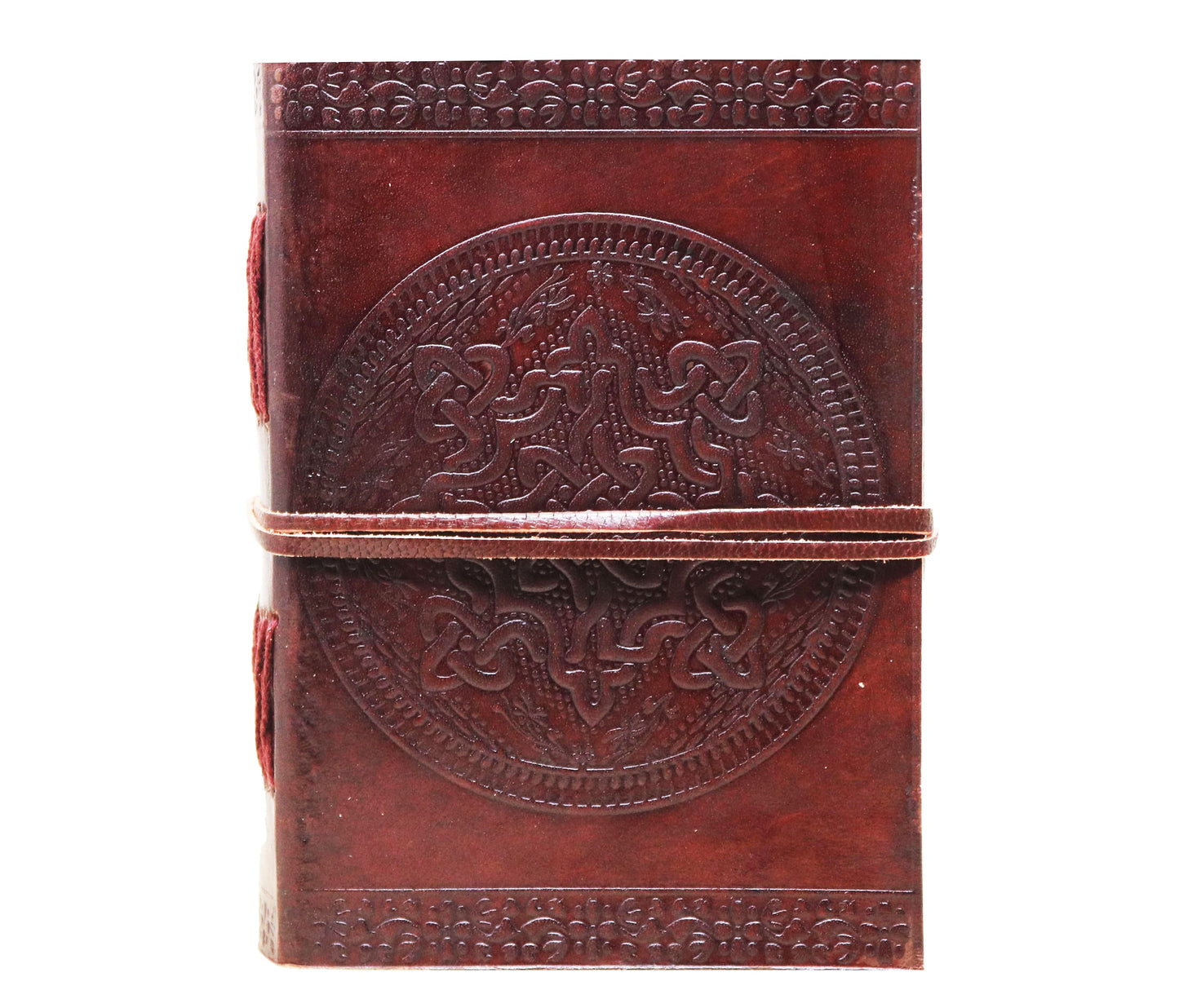 This Image Features A Handcrafted Leather Journal With An Embossed Celtic Knot Design, Radiating Medieval Charm And Vintage Elegance. Made From Genuine Secure Wrap-around Strap, Refillable Notebook Is Ideal For Daily Writing, Sketching, Or Spiritual Reflection. Perfect Wiccan Grimoires, Pagan Journals, Art Lovers, Personalized Customized Makes Thoughtful Birthday Gift Graduation Writers, Artists, Magic Practitioners—men Women