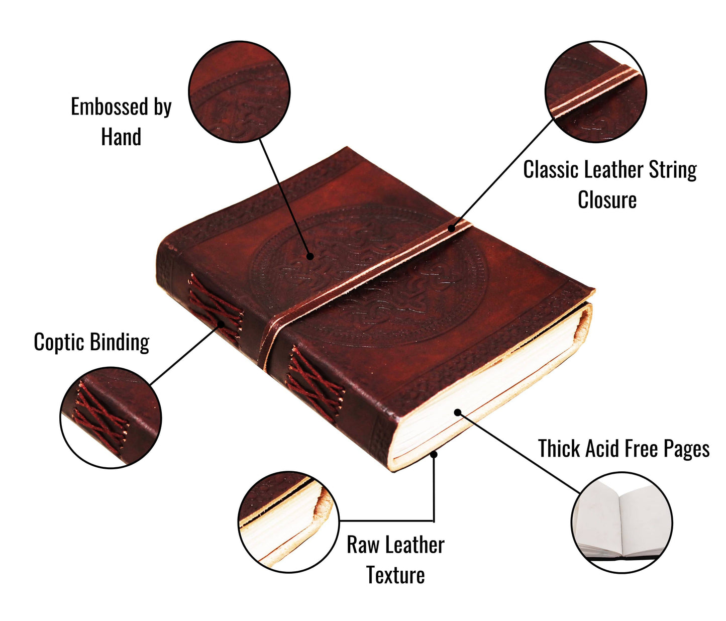 Capture Your Thoughts In This Handcrafted Celtic Leather Journal, Measuring 7 X 5 X 1.5 Inches (17.8 X 12.7 X 3.8 Cm). Made From Genuine Full-grain Leather, It Features Embossed Knotwork, Traditional Coptic Stitching, And A Secure Wrap-around Strap. The Thick, Unlined Vintage Paper Is Perfect For Writing, Sketching, Or Reflection. A Personalized And Customized Medieval-style Diary—an Ideal Birthday Gift, Graduation Gift, Or Keepsake For Men And Women With A Love For Timeless Craftsmanship.