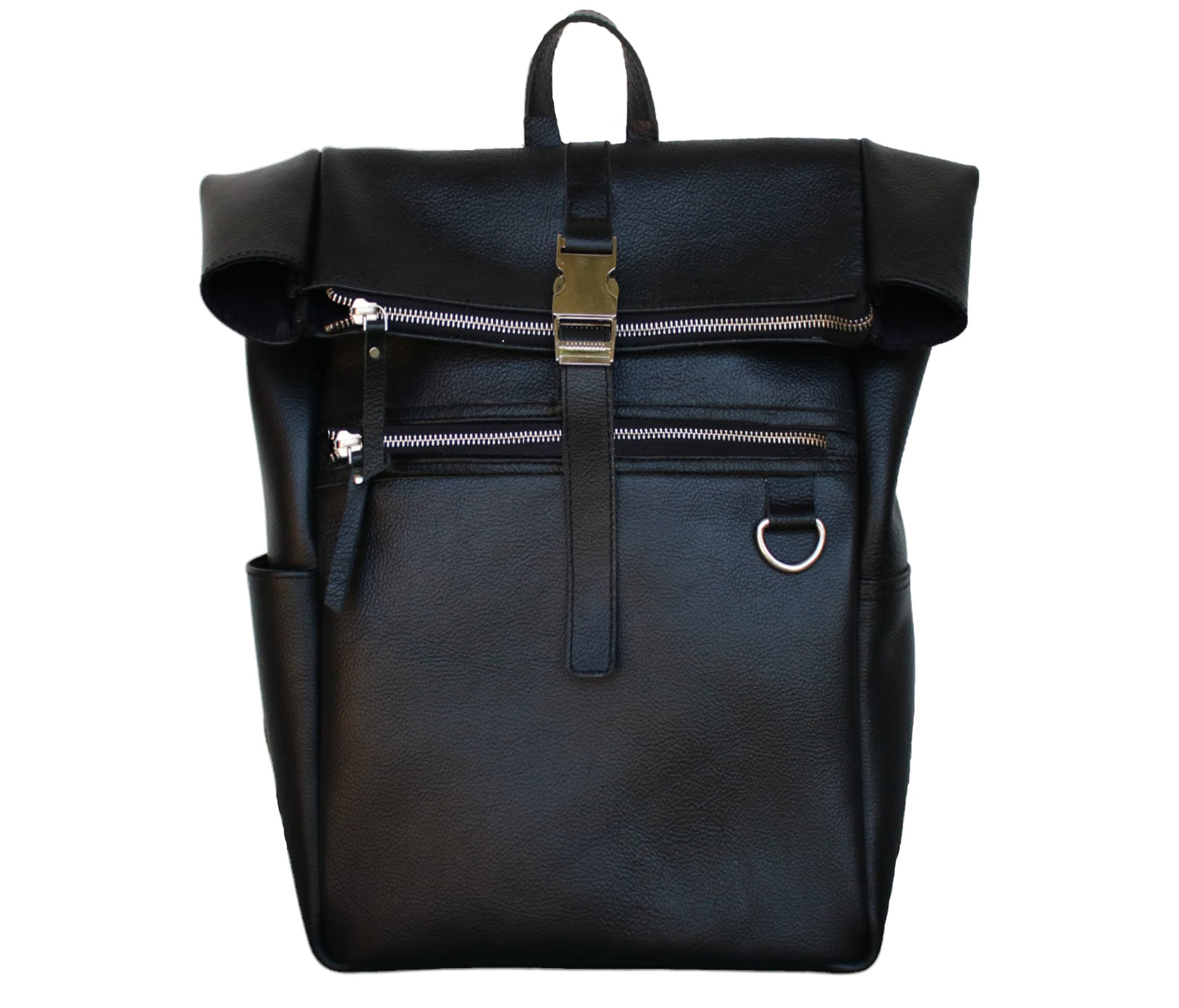 Expertly Handcrafted From Premium Genuine Leather, This Black Roll-top Backpack Blends Refined Elegance With Rugged Durability—making It A Perfect Personalized Or Customized Gift For Men And Women. Ideal As Graduation Gift, Birthday Everyday Essential, Features Dual Front Zip Compartments, Side Pockets, Secure Buckle Strap Closure. The Sleek Silhouette Conceals Spacious Interior Laptops Gear, While Metal Hardware Sturdy D-ring Add Timeless Function Flair.