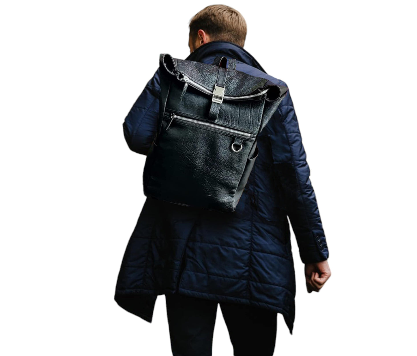 Stylish, Rugged, And City-ready, This Black Leather Backpack From Jaald Is A Perfect Personalized Or Customized Gift For Men—ideal As Graduation Gift, Birthday Everyday Essential. Seen In Lifestyle Image, Its Sleek Roll-top Design Premium Full-grain Construction Create Bold, Refined Look That Suits Both Professional Casual Wear. Adjustable Straps Provide All-day Comfort, While The Front Buckle External Zip Pocket Offer Quick Access—blending Craftsmanship With Utility.