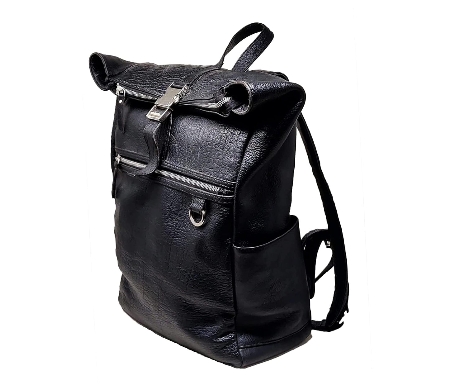 Expertly Handcrafted From Premium Genuine Leather, This Black Roll-top Backpack Blends Refined Elegance With Rugged Durability Making It A Perfect Personalized Or Customized Gift For Men And Women. Ideal As Graduation Gift, Birthday Stylish Everyday Essential, Features Dual Front Zip Compartments, Side Pockets, Secure Buckle Strap Closure. The Sleek, Minimalist Silhouette Conceals Spacious Interior Laptops Gear, While Durable Metal Hardware Sturdy D-ring Add Timeless Function Flair.
