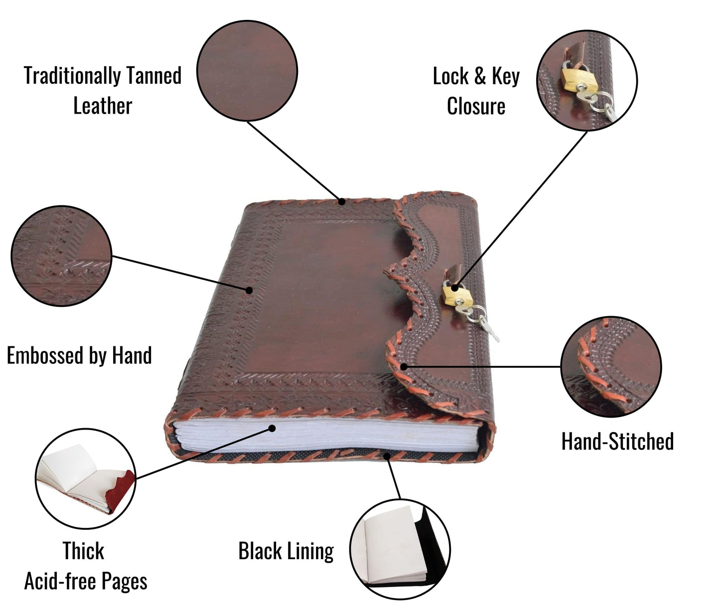 This Elegant Handcrafted Brown Leather Journal Blends Traditional Artistry With Modern Utility. Made From Traditionally Tanned Leather, It Features Intricate Hand-embossed Patterns And A Secure Lock & Key Closure For Added Privacy. Hand-stitched Binding Ensures Durability Flat-lay Ease, While Thick, Acid-free Pages Offer Smooth Surface Writing, Sketching, Or Journaling. Finished Black Fabric Lining, Makes Refined, Customizable Gift Creatives Thoughtful Givers