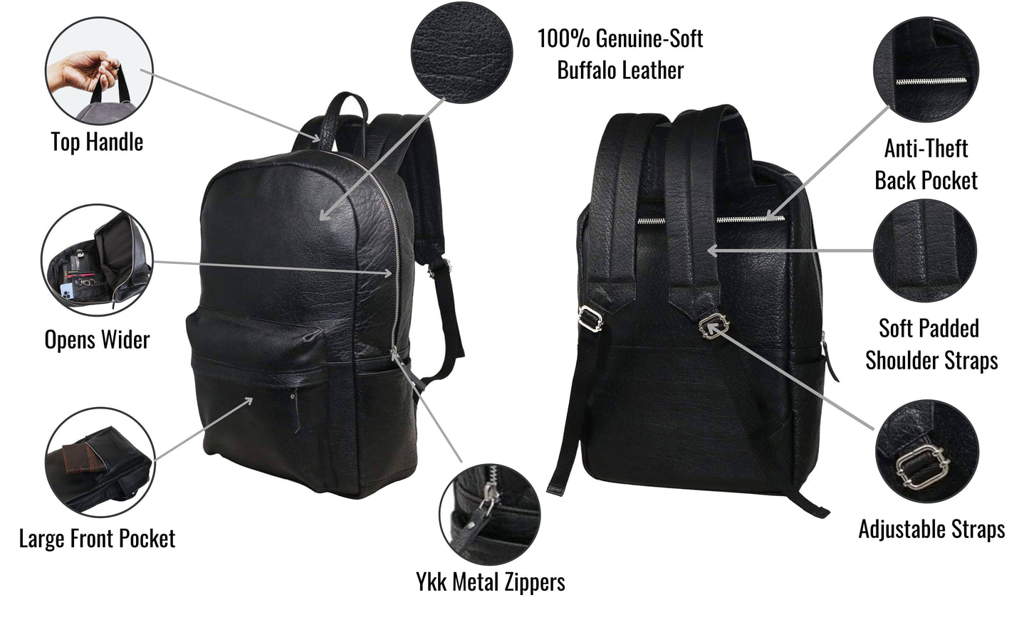 This Premium Black Leather Backpack, Handcrafted From 100% Genuine Soft Buffalo Leather, Makes A Perfect Personalized Gift For Men And Women. Designed Professionals, Travelers, Commuters, It Offers Spacious Main Compartment, Secure Anti-theft Pocket, Smooth Ykk Zippers. Padded Straps Adjustable Fit Ensure All-day Comfort. Whether Used Daily Or Gifted As Graduation Birthday Present, Combines Luxury, Function, Timeless Appeal Effortlessly.
