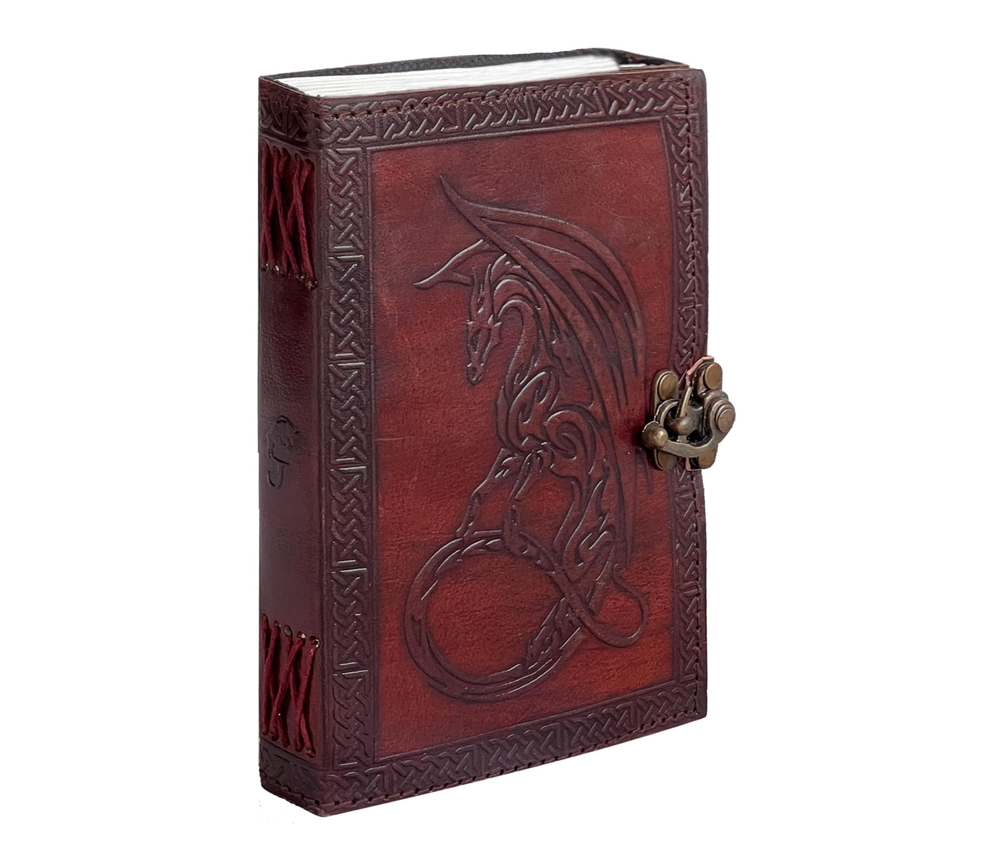 Command Attention With This Striking Handmade Leather Journal, Showcasing A Powerful Celtic-style Dragon Intricately Embossed On The Front Cover. Made From Rich, Genuine Detailed Spine Stitching And Secure Antiqued Brass Clasp, It Blends Strength Timeless Elegance. Deep Reddish Hue Adds To Its Mythical Allure, While Thick, Unlined Pages Inside Invite Writing, Sketching, Or Spellwork. Perfect Personalized Gift For Writers, Artists, Fantasy Enthusiasts