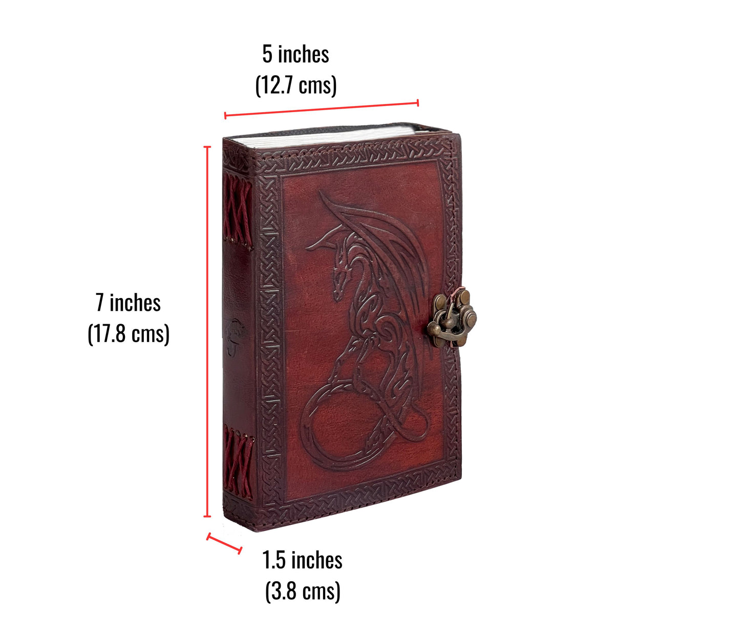 Let Your Stories Soar With This Handcrafted Leather Journal, Showcasing A Bold, Hand-tooled Dragon Design That Embodies Mystic Strength. Set Against Warm, Deep Red-brown Backdrop And Bordered Intricate Celtic Knots, It Fuses Ancient Symbolism Practical Design. Featuring Vintage-style Brass Clasp Fine Coptic Stitching For Durability, Opens To Thick Handmade Paper—perfect Writing, Sketching, Or Spells. An Ideal Personalized Gift Fantasy Lovers, Writers, Imaginative Souls.