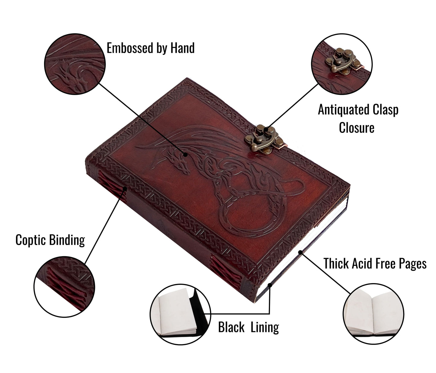 This Artisanal Leather Journal Is A True Blend Of Beauty And Function, Featuring Hand-embossed Dragon Design That Symbolizes Wisdom Strength. Crafted From Genuine Leather, It Includes An Antiqued Brass Clasp For Vintage Charm Secure Closure. The Coptic Binding Lays Flat Easy Use, While Thick, Acid-free Pages Are Ideal Writing Or Sketching. Perfect Customized Personalized Gift Those Who Value Elegance, Creativity, Meaningful Craftsmanship.