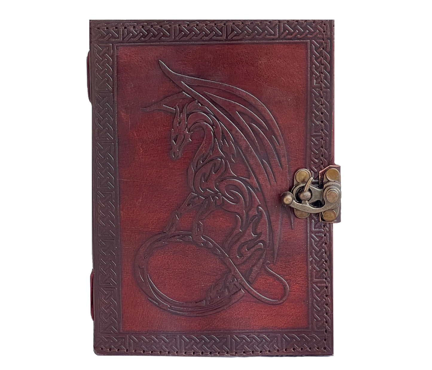 Unleash Your Imagination With This Handcrafted Leather Journal, Boldly Embossed A Celtic-inspired Dragon—an Enduring Symbol Of Strength, Wisdom, And Magic. Made From Genuine Leather, Its Rich Reddish-brown Hue Is Framed By Intricate Borders Secured An Antique Brass Latch For Vintage Flair Function. Inside, Thick Unlined Handmade Paper Perfect Writing, Sketching, Or Spell work. Unique Personalized Gift Fantasy Lovers Creative Souls