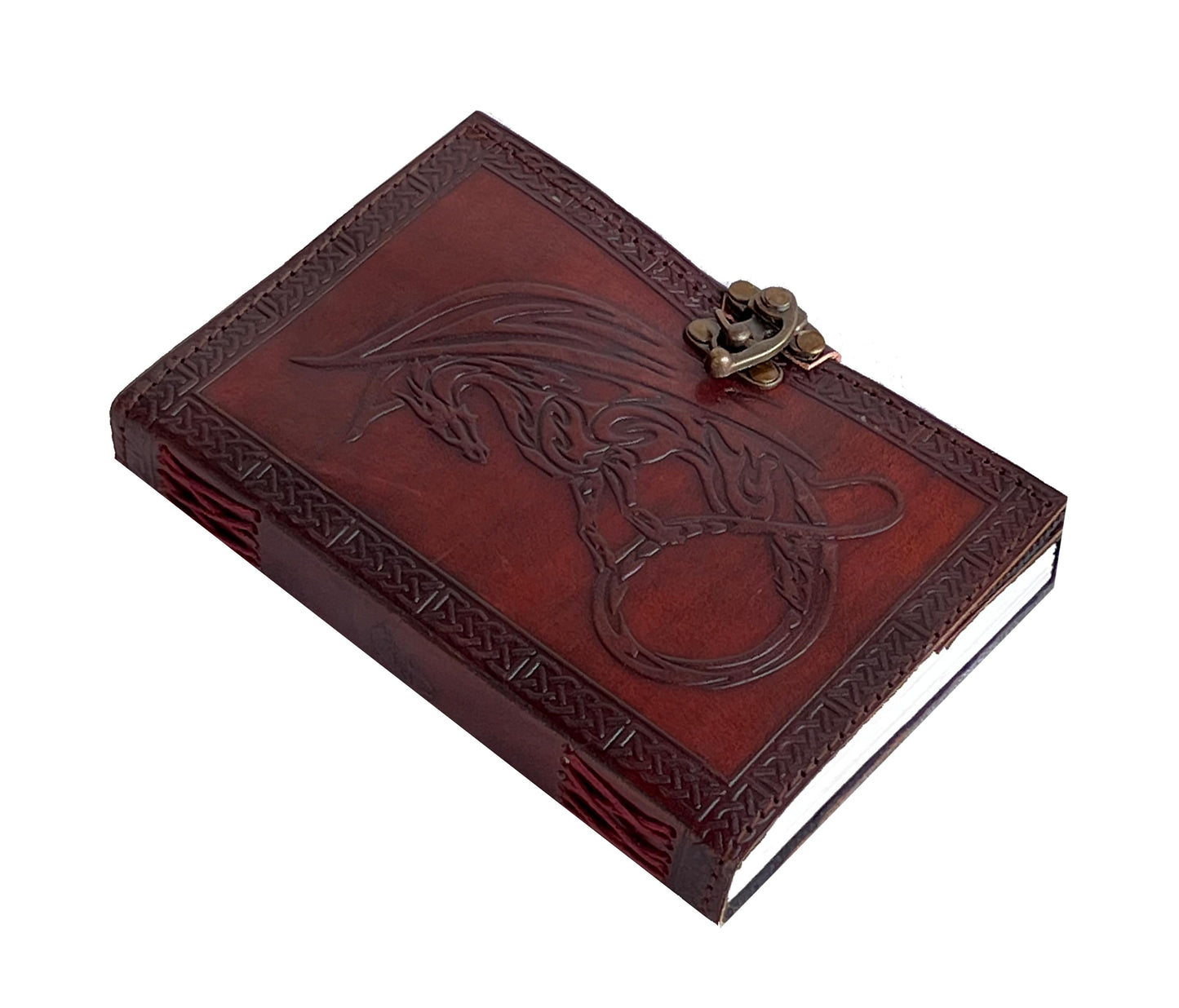 Let Your Stories Soar With This Handcrafted Leather Journal, Featuring A Bold, Hand-tooled Dragon Design Wrapped In Mystic Strength. Set Against Deep Red-brown Backdrop And Framed By Celtic Knot Borders, It Blends Ancient Artistry Functional Design. Vintage-style Brass Clasp Fine Coptic Stitching Add Durability. Inside, Thick Handmade Paper Awaits Ink, Sketches, Or Spells—making Perfect Personalized Gift For Fantasy Lovers, Writers, The Creative Spirit.