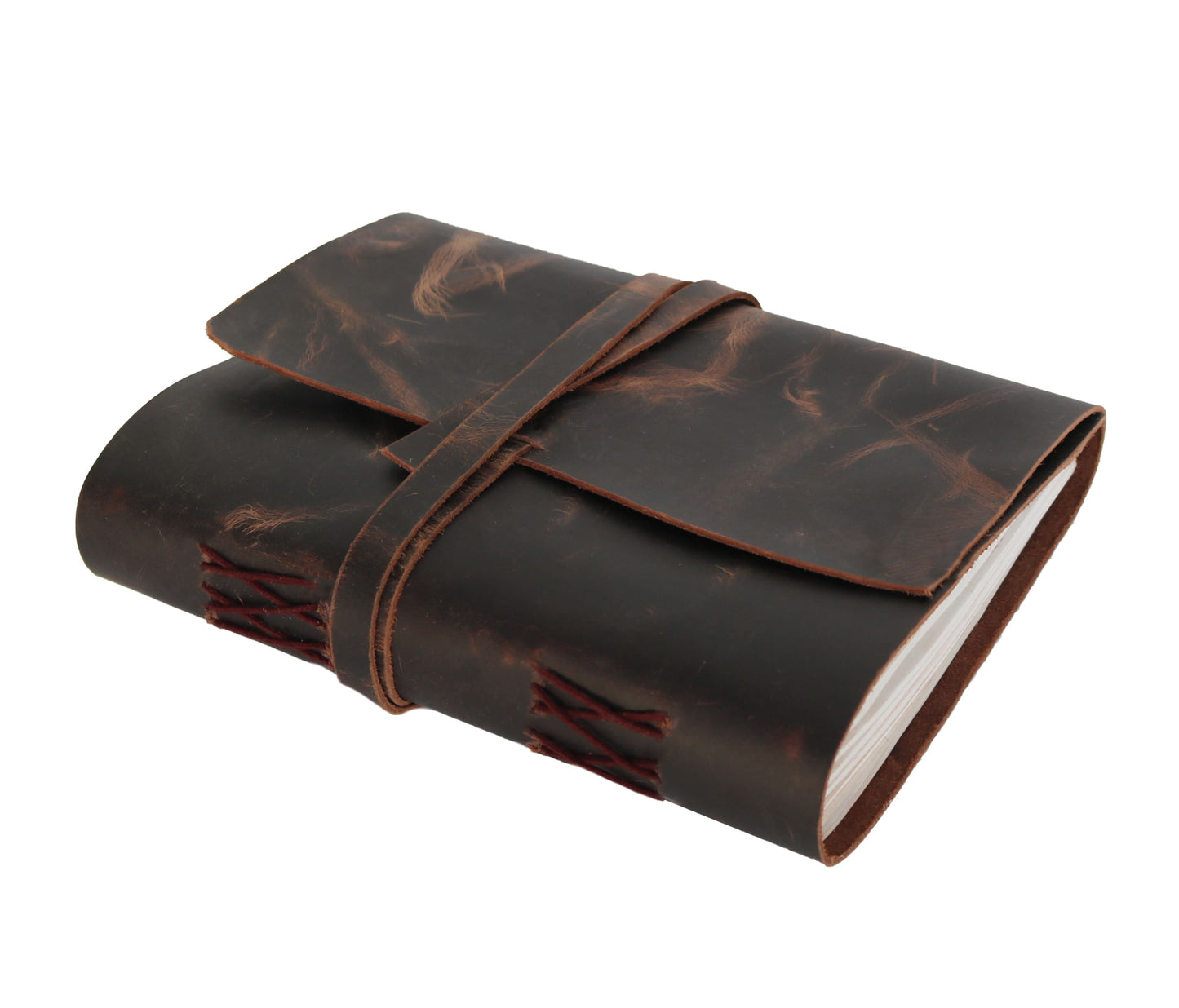 Crafted From Genuine Distressed Full-grain Leather, This Handmade Journal Exudes Rugged Elegance With A Classic Wrap-around Strap For Secure Closure. The Rich Dark Brown Finish Natural Marbling Enhances Its Timeless, Rustic Appeal. Featuring Durable Coptic-stitched Spine, It Lays Completely Flat Seamless Writing Experience. Inside, Unlined, Acid-free Pages Are Perfect Writing, Sketching, Or Bullet Journaling. Stylish, Functional, Personalized And Customized Gift Travelers, Students, Artists, Writers