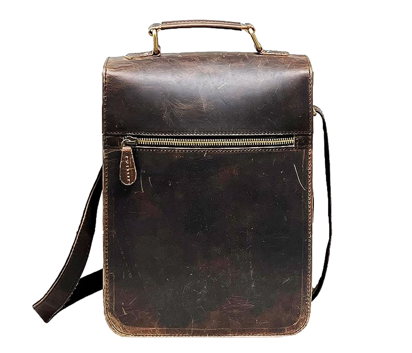 This Image Displays The Back View Of A Rugged Leather Sling Bag, Crafted From 100% Genuine Buffalo With Rich, Distressed Finish. It Features Durable Ykk Metal Zipper Pocket For Secure, Quick-access Storage, Sturdy Top Handle, And An Adjustable Shoulder Strap Comfortable Wear. Its Minimalist Design Vintage Patina, Customized Bag Makes Perfect Personalized Gift Men Women—ideal Birthdays, Graduations, Or Professional Use.