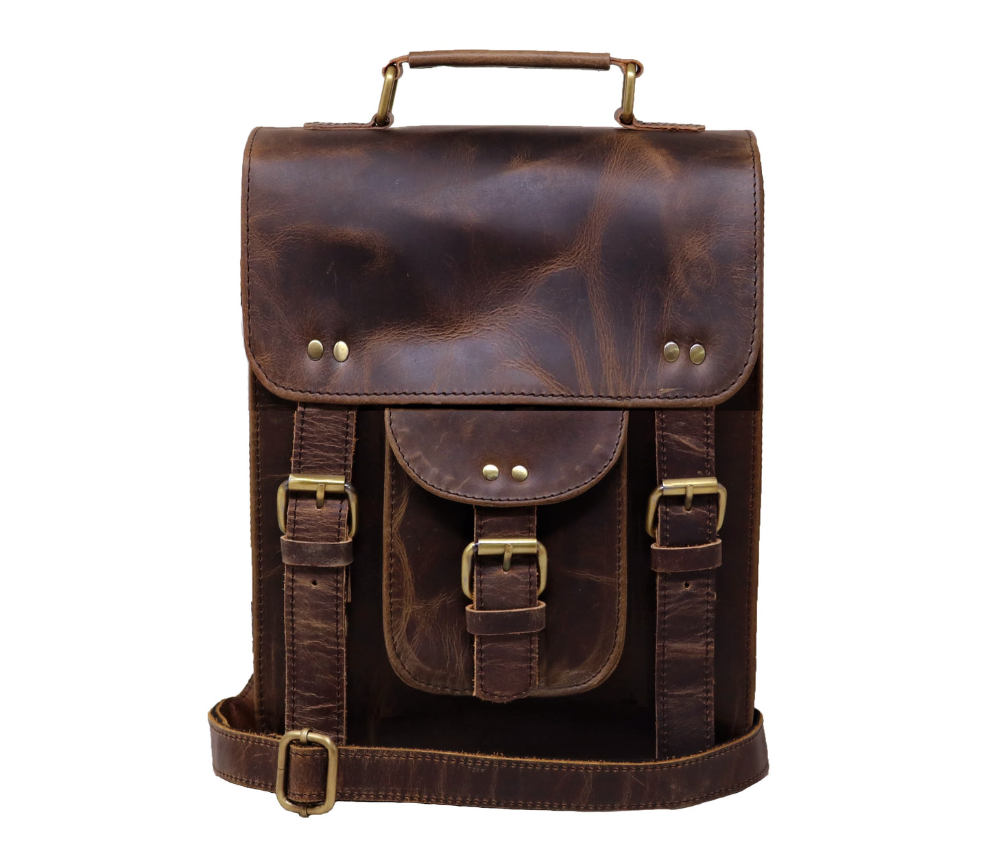 This Image Showcases A Rugged Yet Stylish Vintage Dark Brown Leather Sling Bag, Expertly Handcrafted From 100% Genuine Buffalo Leather. The Classic Flap Design With Concealed Push Lock And Brass-polished Hardware Exudes Timeless Appeal. Dual Strap Accents And A Quick-access Front Pocket With Buckle Closure Offer Both Charm And Practicality. Featuring An Adjustable Shoulder Strap And Top Handle For Versatile Carrying, This Customised Leather Bag Is A Perfect Gift For Men And Women—ideal For Birthdays
