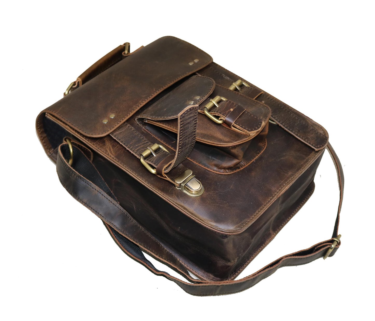 This Image Displays A Premium Vintage-style Leather Sling Bag Lying Flat, Highlighting Its Functional Design And Expert Craftsmanship. Made From 100% Genuine Buffalo Leather, It Exudes Durability Sophistication With Rich, Deep Brown Tone. The Features Buckle-secured Front Flap, Quick-access Pocket Push-lock Clasp, Dual Strap Closures, Brass-finished Hardware For Added Security Timeless Charm. Adjustable Shoulder Is Visibly Sturdy Well-stitched Comfortable Extended Wear. Wide Base Structured Build Customized