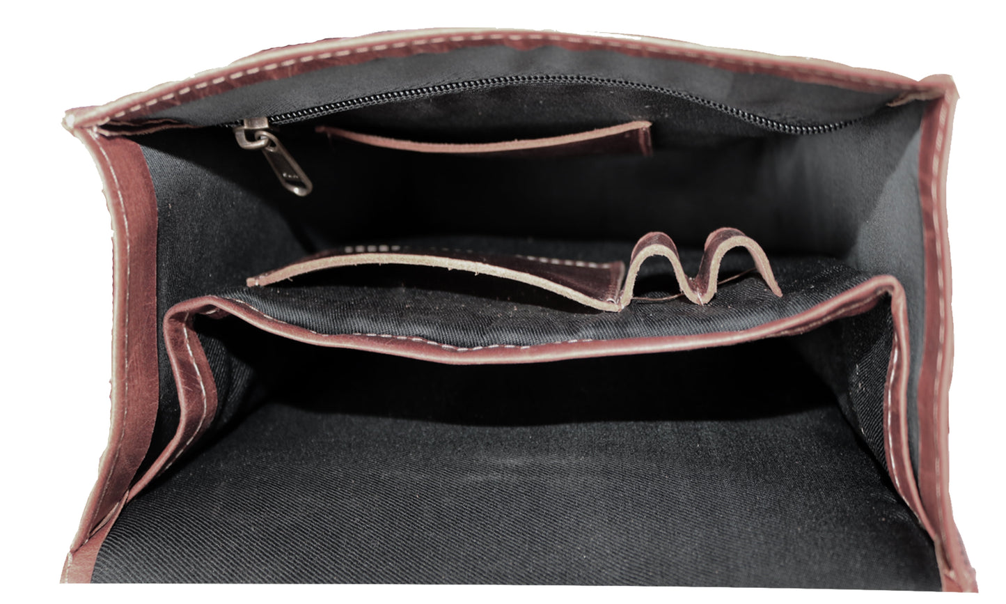 This Image Displays The Interior Layout Of A Leather Sling Bag, Highlighting Its Well-organized Compartments. It Features Spacious Main Section For Books Or Tablet, Dedicated Document Sleeve, Zippered Pocket Valuables, Phone Slot, Medicine Pouch, And Dual Pen Holders—perfect Daily Use. Durable, Well-stitched Lining Reflects Quality Craftsmanship. Practical Yet Stylish Choice, Customized Bag Makes Thoughtful Personalised Gift Men Women.