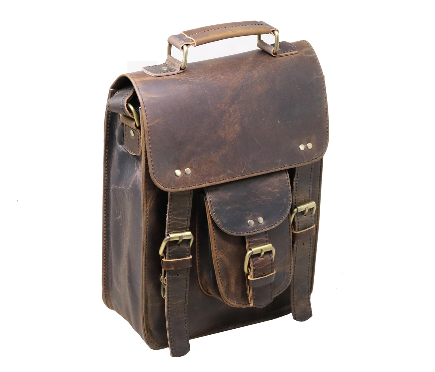 This Image Showcases A Rugged Yet Elegant Leather Sling Bag, Handcrafted From 100% Genuine Buffalo Leather. Its Rich Dark‑brown Vintage Finish With Natural Distress Marks Exudes Timeless Charm. Top Handle, Dual‑buckle Front Flap, And Quick‑access Pocket Push‑lock Closure Combine Style Utility. Brass Hardware Stitching Underscore Expert Craftsmanship. Customized Essential, Bag Makes Perfect Personalized Gift For Men Women—ideal Birthdays, Graduations, Or Occasions.