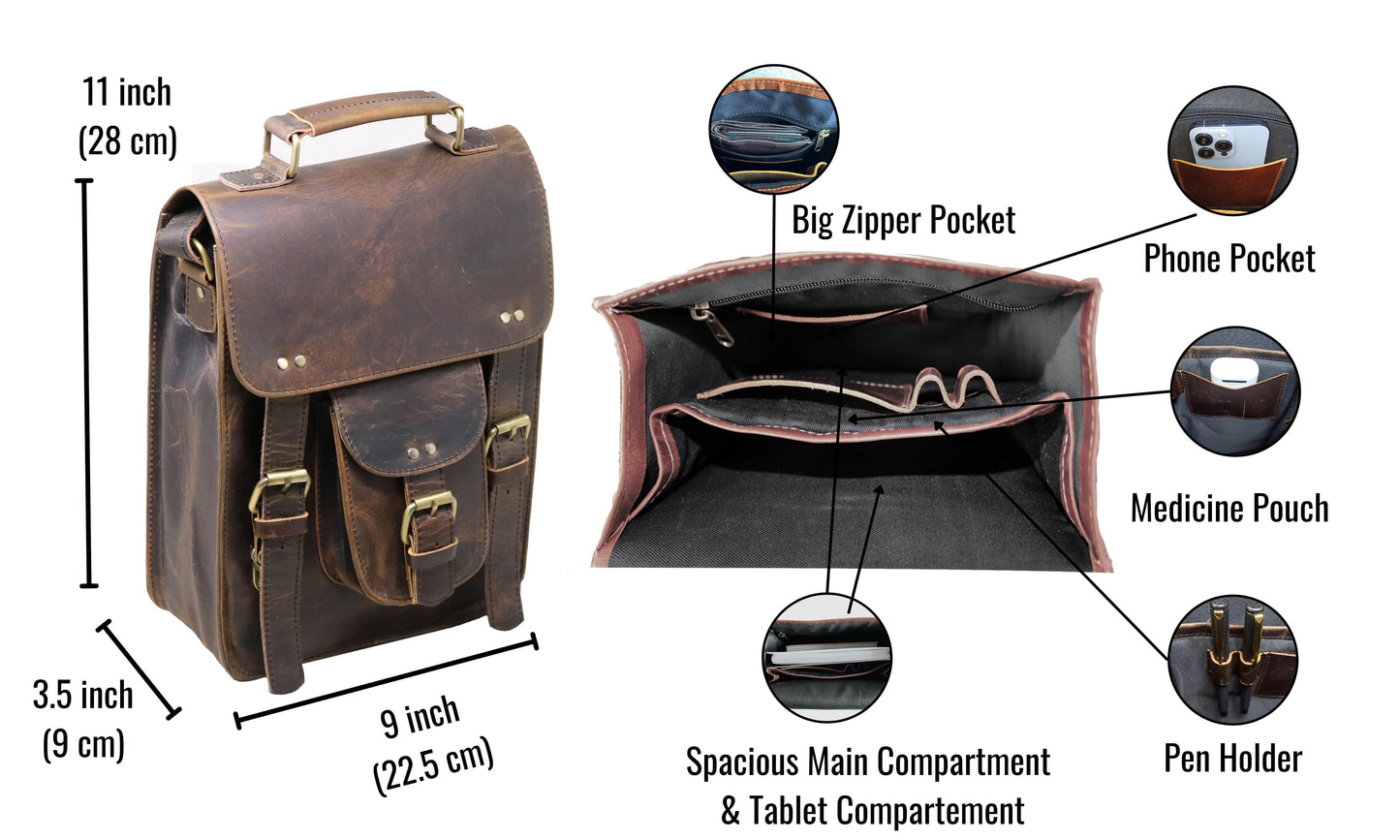 This Image Showcases A Compact And Versatile Leather Sling Bag, Measuring 11" X 9" 3.5". The Left Side Displays Its Classic Flap Design With Buckle Details, While Right Reveals Spacious Interior Featuring Tablet Sleeve, Zippered Pocket, Phone Slot, Medicine Pouch, Pen Holders. Designed For Daily Use, Customized Bag Blends Functionality Timeless Style—making It Perfect Personalized Gift Men Women, Ideal Birthdays Or Graduation.