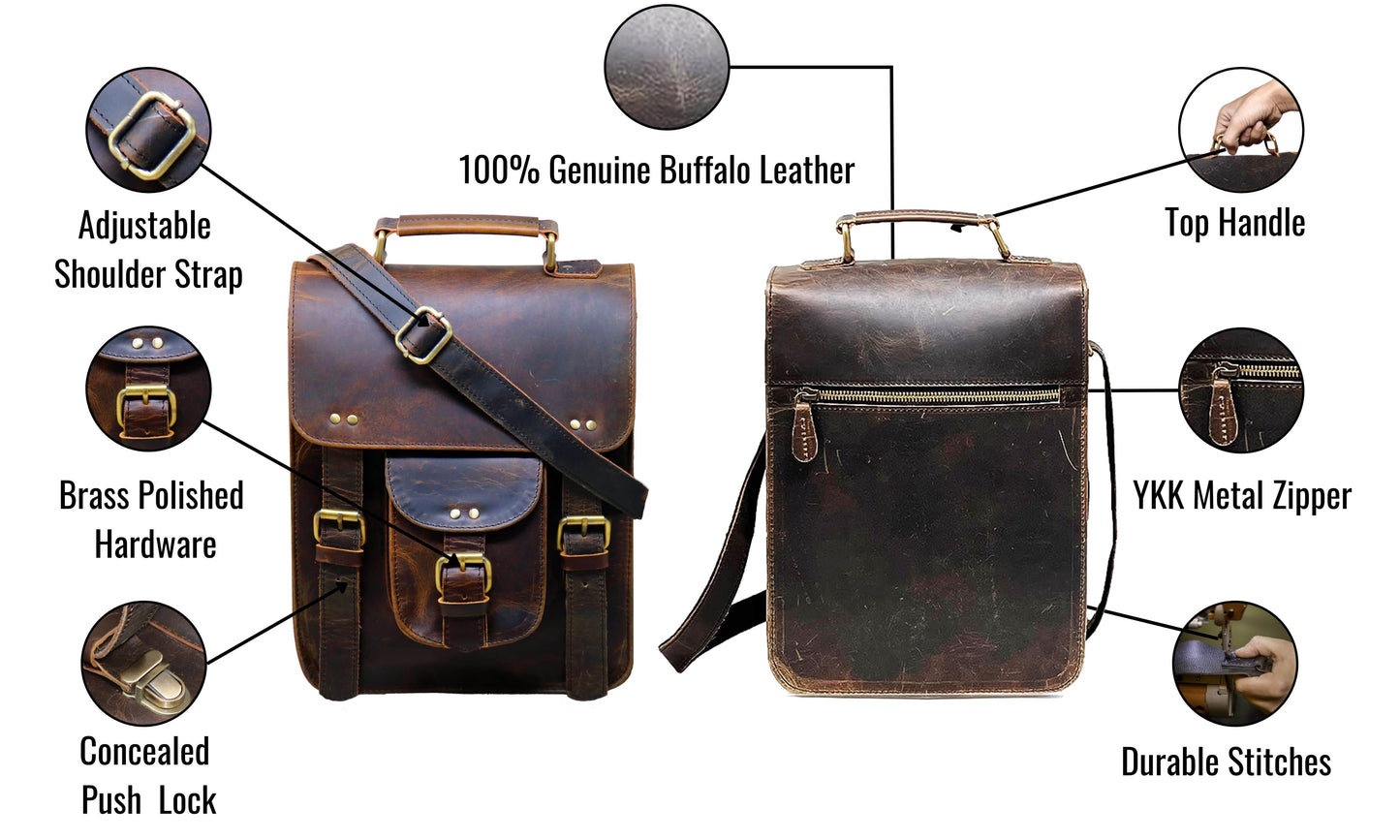 This Image Highlights The Features Of A Handcrafted Leather Sling Bag Made From 100% Buffalo Leather. Front Showcases Concealed Push-lock Closure, Brass-polished Buckles For Vintage Charm, And An Adjustable Strap Personalized Comfort. Back Reveals Sturdy Top Handle, Durable Ykk Zipper, Fine Stitching. Blending Rugged Aesthetics With Refined Detailing, Customized Is Ideal Casual Or Professional Use—a Memorable Gift Men Women.
