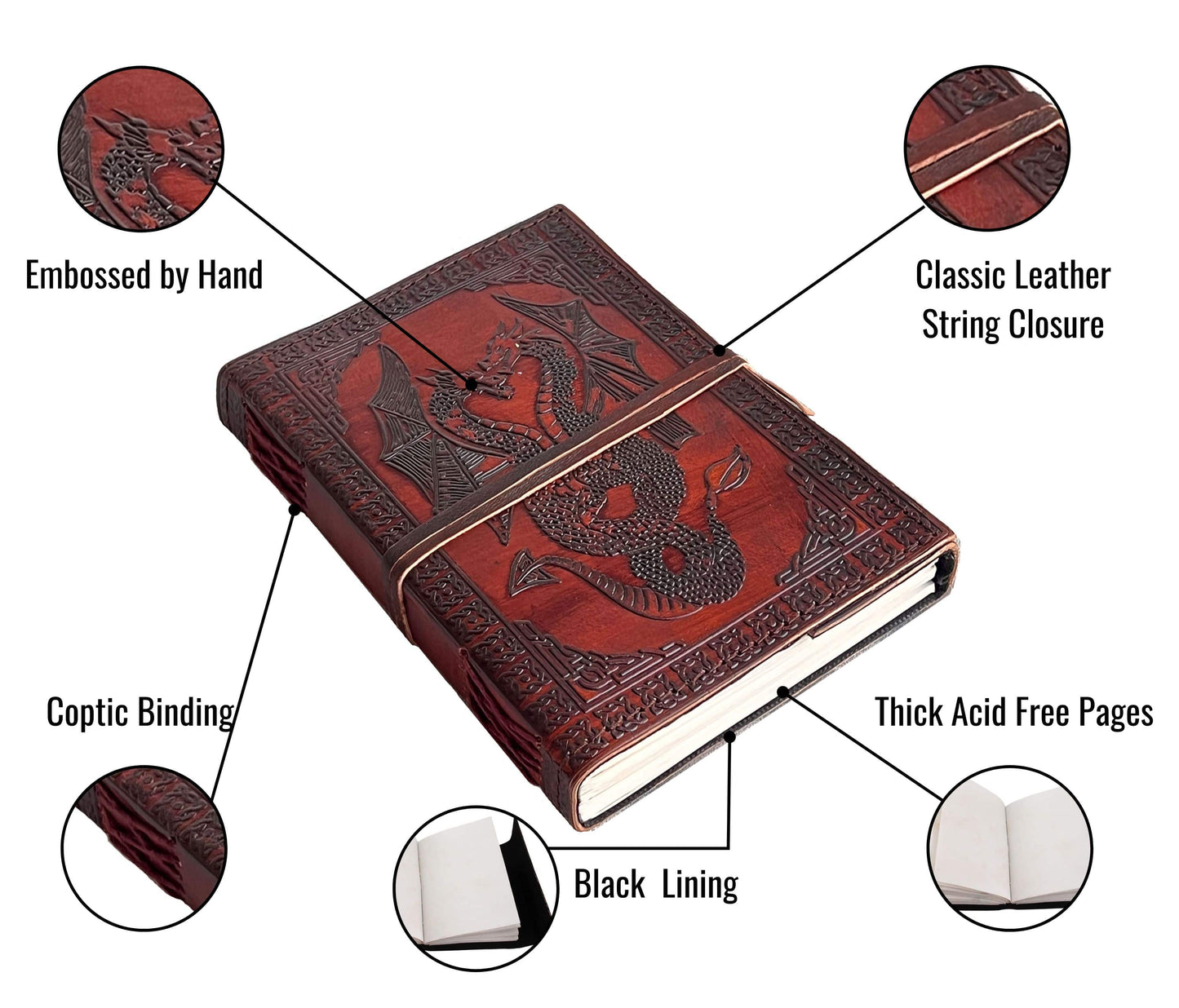 Elevate Your Writing Experience With This Hand-embossed Leather Journal, Showcasing An Intricate Twin Dragon Design And Crafted Using Traditional Coptic Binding For Lasting Durability. Measuring 7 X 5 Inches, It Features Thick Acid-free Pages A Sleek Black Lining, Ideal Ink, Sketches, Or Spellwork Without Bleed-through. The Classic String Closure Ensures Thoughts Remain Secure, While Rustic Finish Artisanal Craftsmanship Add Timeless Charm. Perfect As Travel Diary, Magical Grimoire, Thoughtful Gift, Journal