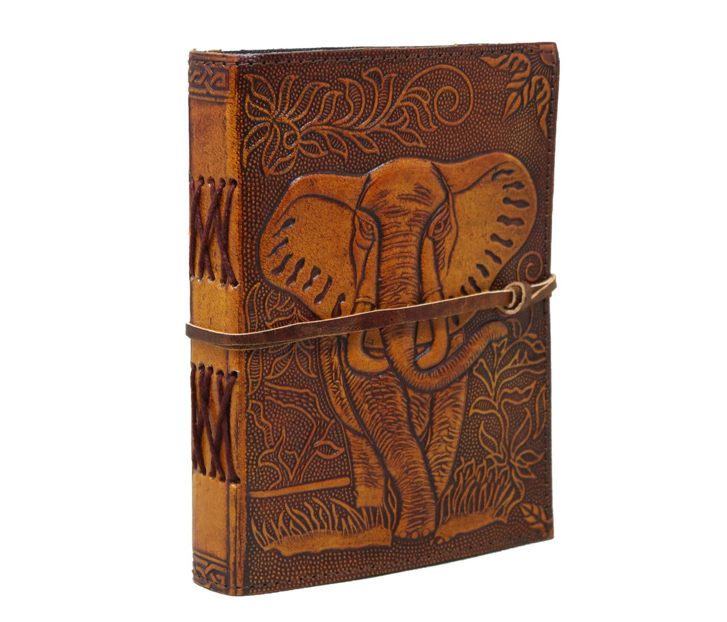 Elephant Spirit Leather Journal – Hand-etched Rustic Notebook With Wrap Tie Channel The Wisdom And Power Of Wild This Artisan-crafted Journal, Adorned A Deeply Hand-embossed Design. Every Detail—from Lush Foliage To Elephant's Soulful Gaze—is Carved Care, Bringing Nature’s Beauty Your Fingertips. Wrapped In Rich Tan Secured Traditional String Closure, Is Both Rugged Refined. Inside, Thick, Acid-free Pages Durable Coptic Stitch Allow For Effortless Writing Sketching. Ideal Travelers, Writers, Dreamers
