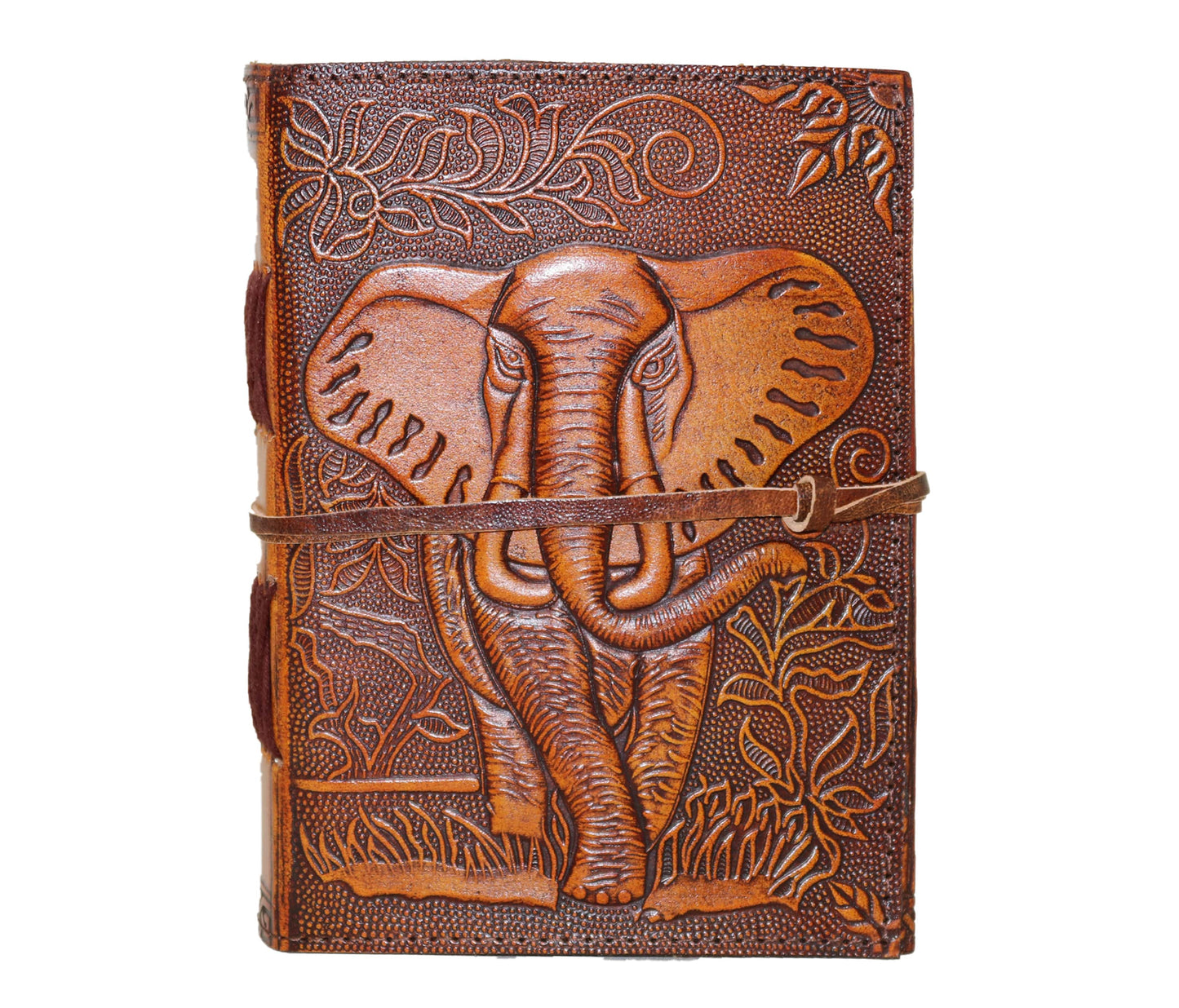 Handcrafted Leather Journal With Elephant Design – Vintage Notebook For Writing & Sketching Step Into The Wild This Exquisitely Journal, Featuring A Majestic Deeply Embossed On Its Cover. Symbol Of Power, Memory, And Protection, Motif Adds Soulful Presence To Your Journey. Made From Genuine Full-grain Leather, Boasts Warm Tan Hue, Detailed Floral Accents, Traditional Wrap Closure. Hand-stitched Spine Ensures Long-lasting Use, While Black-lined Interior Thick, Acid-free Pages Provide Rich Surface Thoughts