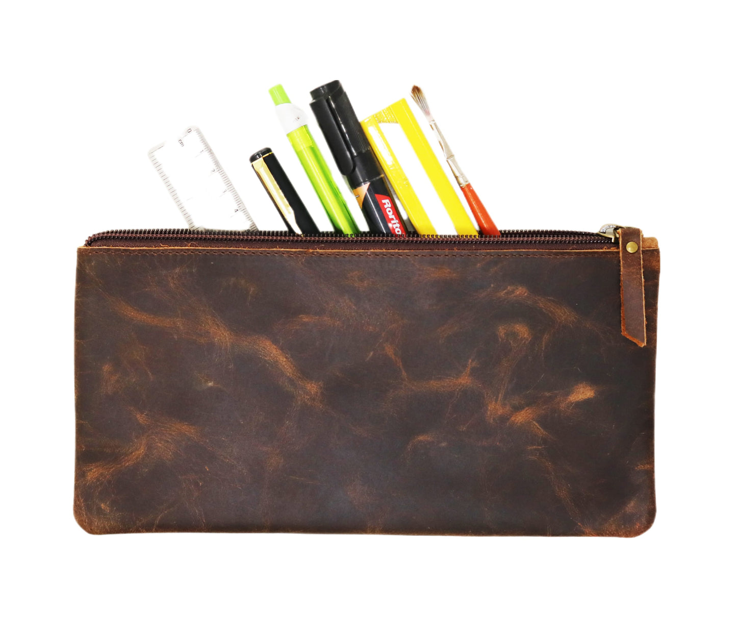 Made From 100% Genuine Distressed Leather, This Handcrafted Vintage-style Utility Pouch Offers A Rich, Timeless Look. Its Slim, Versatile Design Stores Markers, Brushes, Rulers, And Gadgets, Secured With A Durable Ykk Zipper. Perfect For Professionals, Students, And Designers, It Slips Easily Into Totes Or Backpacks. A Stylish Personalized Birthday Gift, Graduation Gift, Or Customized Gift For Men And Women Who Appreciate Craftsmanship And Everyday Functionality.