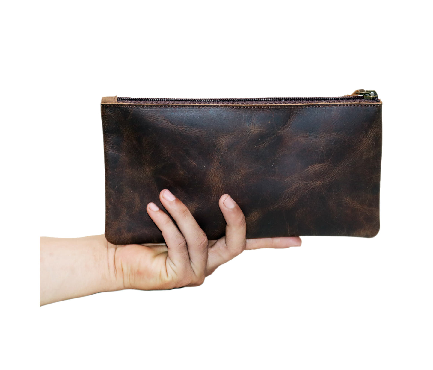This exquisitely crafted brown leather utility sleeve, measuring 10 x 5 inches, is made from 100% genuine hide with a beautifully distressed texture. Its slim, elegant profile perfect for organizing art supplies, makeup brushes, tech cables, or small tools. A sturdy YKK zipper ensures secure fit and smooth use. great personalized birthday gift, graduation customized gift men women—ideal professionals, creatives, travelers