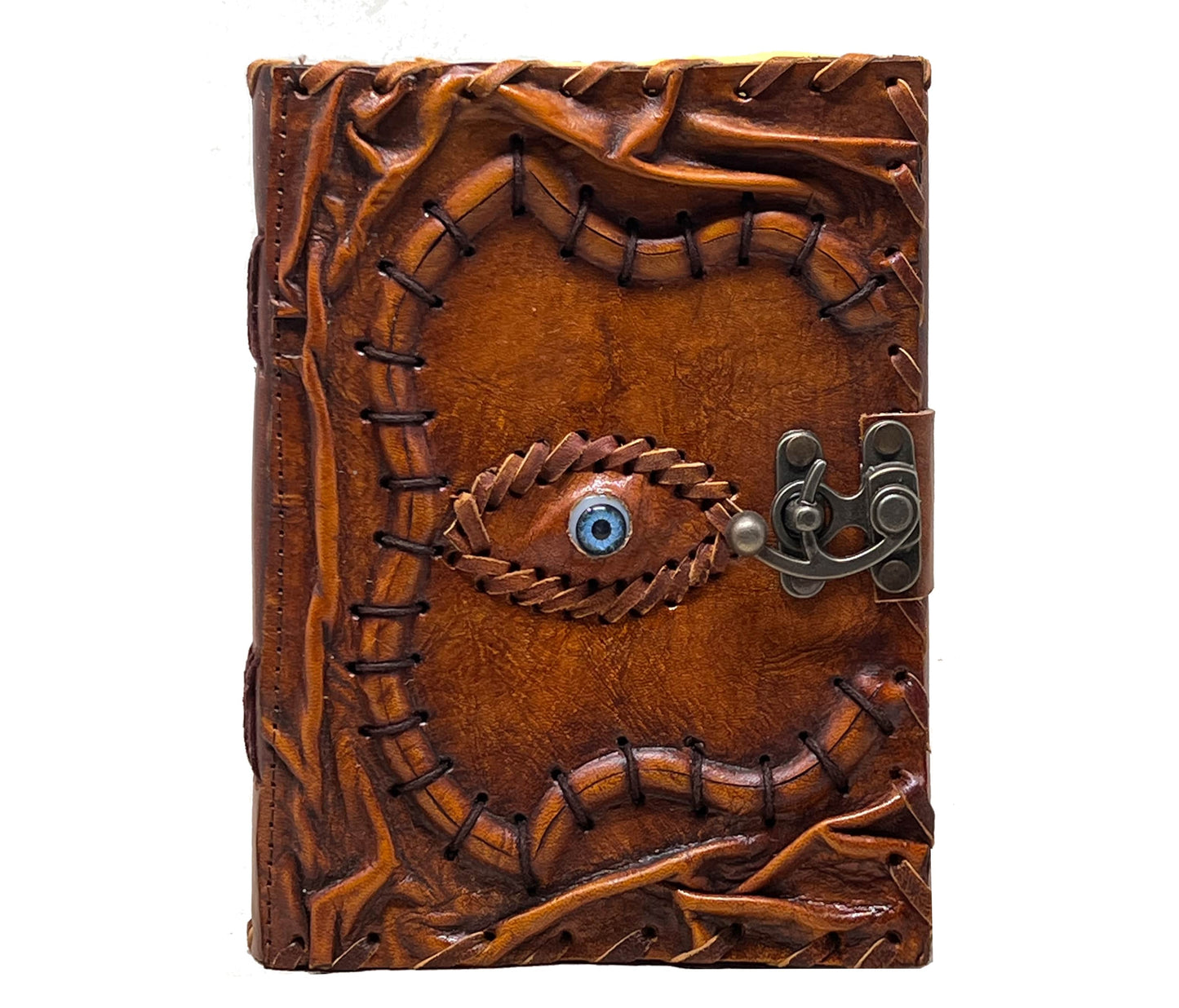 This Stunning Handmade Leather Journal Features A Mystical Evil Eye Design Intricately Carved Into The Front Cover, Offering Both Beauty And Protection. Crafted From Premium Full-grain Hand-stitched With Care, It Includes An Antique Latch Closure For Vintage Charm. Ideal As Personalized Grimoire, Spell Book, Or Magic Journal, Customized Piece Makes Thoughtful Birthday Graduation Gift Men Women Who Embrace Spiritual Witchy Traditions.