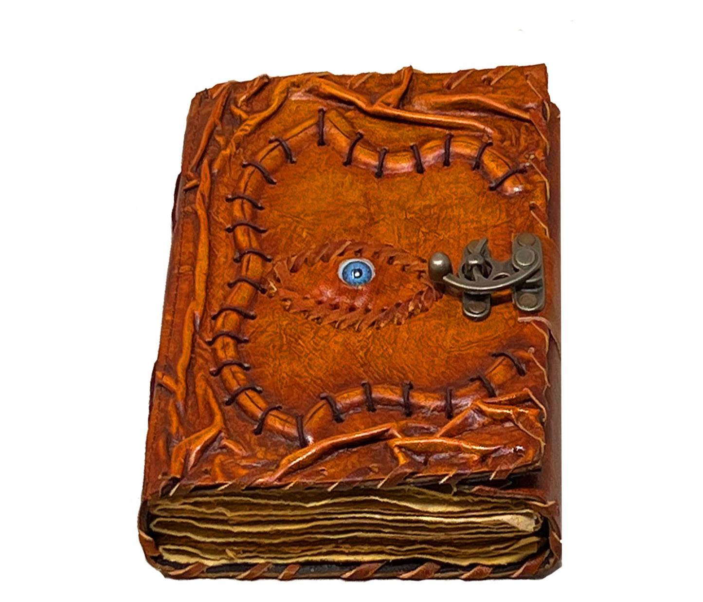 This Image Showcases A Handcrafted Leather Journal With Personalized Evil Eye Motif At The Center, Framed By Unique Stitching And Organic Textures. Featuring Vintage Lock Closure Deckle-edged Handmade Paper, It Exudes Antique, Rustic Charm. Ideal As Customized Wiccan Spellbook, Witchcraft Grimoire, Or Pagan Diary, Makes Meaningful Birthday Gift, Graduation Spiritual Keepsake For Men Women Who Embrace MysticalTraditions.