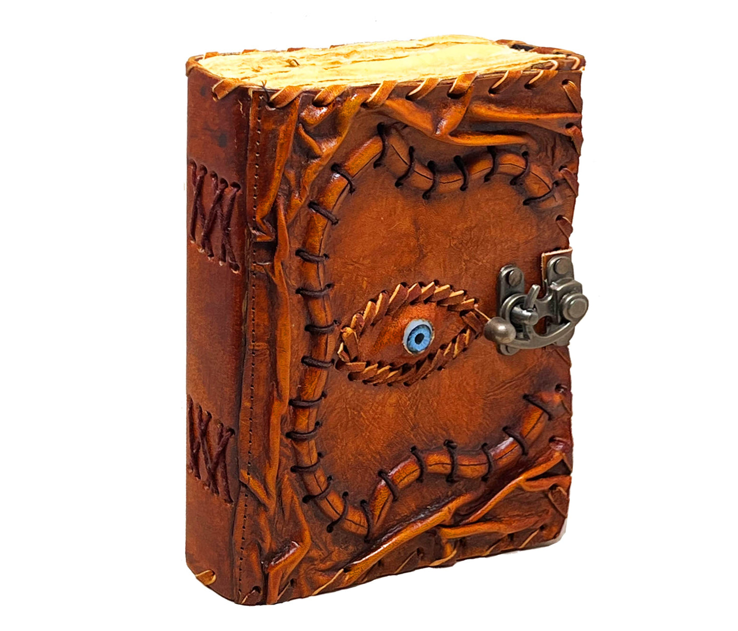 This Handcrafted Leather Journal Features A Personalized Evil Eye Design, Symbolizing Protection And Intuition. Surrounded By Detailed Stitching Organic Embossing, It Exudes Rustic, Mystical Charm. The Antique-style Clasp Adds Vintage Touch While Keeping Your Pages Secure. Perfect As Customized Witchcraft Grimoire, Pagan Diary, Or Magical Notebook, Makes Thoughtful Birthday Gift, Graduation Spiritual Gift For Men Women Drawn To Unique, Treasures.