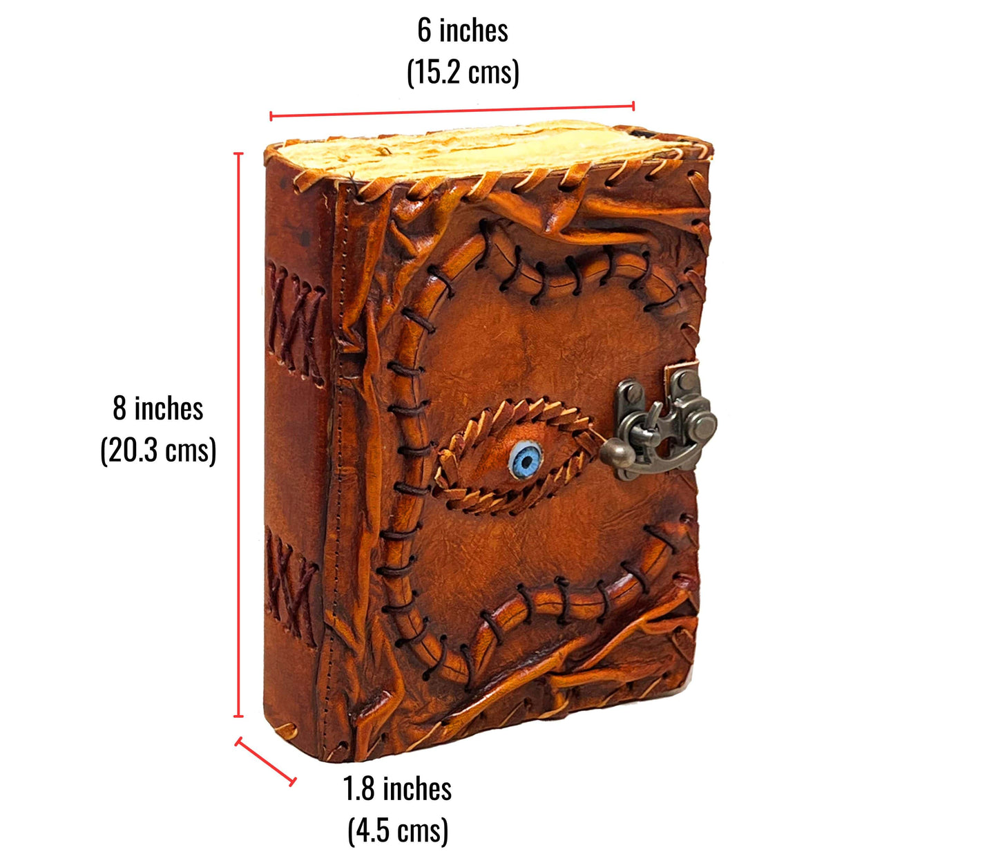 This 8x6-inch handmade leather journal features a personalized Evil Eye design, symbolizing protection and spiritual focus. With a secure metal latch, durable stitching, and antique-style paper, it’s ideal as a customized grimoire, tarot diary, or spellbook. Its rustic charm and vintage finish make it a thoughtful birthday gift or graduation gift for men and women—perfect for witches, Wiccans, and spiritual seekers who cherish personalized, leather-bound mystical journals.