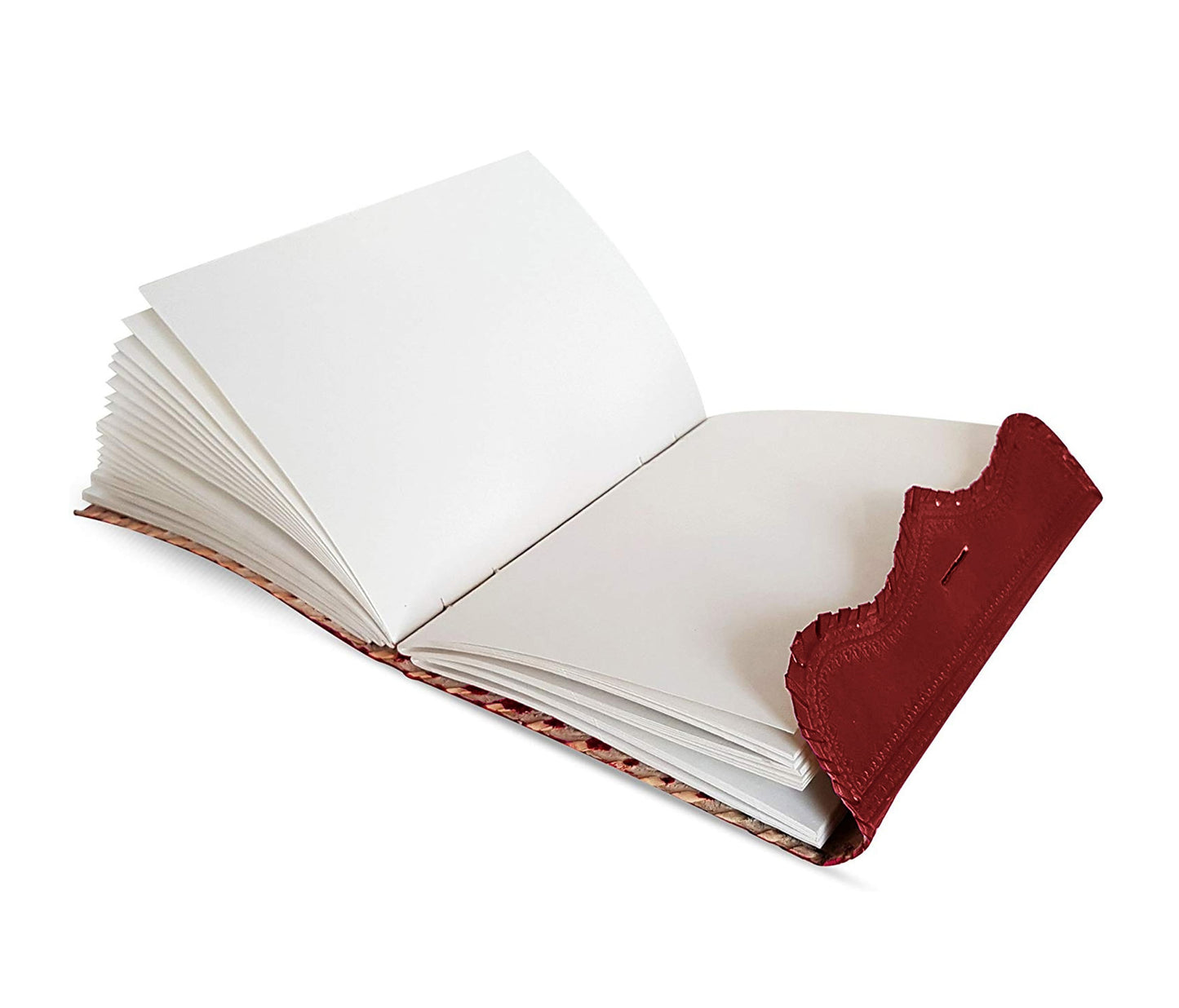 This Premium Red Leather Journal Blends Timeless Craftsmanship With Modern Functionality. Handcrafted From Traditionally Tanned Leather, It Features Detailed Hand-embossed Designs And A Unique Scalloped Flap. The Opens Flat, Revealing Thick, Unlined, Acid-free Pages Ideal For Writing, Sketching, Or Note-taking. Hand-stitched Spine Ensures Lasting Durability, While Spacious Interior Offers Ample Room Creativity. Its Rich Tone Adds Sophistication—perfect As Personalized Gift Cherished Everyday Companion.