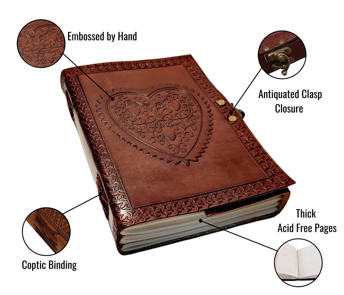 Fall In Love With This Romantic Handcrafted Leather Journal, Featuring A Hand-embossed Heart Design And Secured An Antiquated Brass Clasp. Measuring 6x8 Inches 1.5-inch Spine, It Includes Thick, Acid-free Pages—ideal For Journaling, Sketching, Or Memory-keeping. Crafted Durable Coptic Binding Black Lining, Lays Flat Lasts Years. Perfect Gift, Wedding Keepsake, Personal Diary Blending Artisanal Charm Meaningful Craftsmanship.