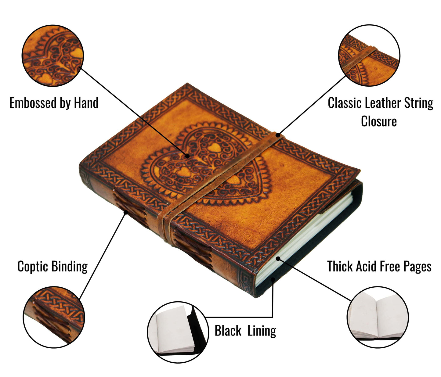 This Handcrafted Leather Journal Features A Beautifully Embossed Heart Design And Classic String Closure, Offering Secure Storage Vintage Charm. Made From 100% Genuine With Coptic Binding, It Lays Flat For Easy Writing Or Sketching. Inside Are Thick, Acid-free Pages Elegant Black Lining—ideal Preserving Thoughts Without Ink Bleed. Meaningful, Personalized Gift Journaling Lovers—perfect Birthdays, Anniversaries, Spiritual Milestones. Customize Truly Timeless Keepsake.