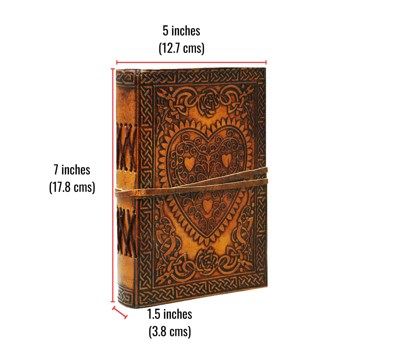 Measuring 7 X 5 Inches With A 1.5-inch Spine, This Compact Leather Journal Is Perfect For Daily Reflections Or Thoughtful Gifting. Handcrafted From Genuine Leather, It Features An Embossed Heart Surrounded By Celtic Patterns—symbolizing Eternal Love And Creativity. Secure Wrap-around Strap Protects Thick, Unlined Pages Ideal Writing, Sketching, Travel Journaling. Timeless, Personalized Gift Anniversaries, Weddings, Valentine’s Day—customized To Hold Your Most Meaningful Memories.
