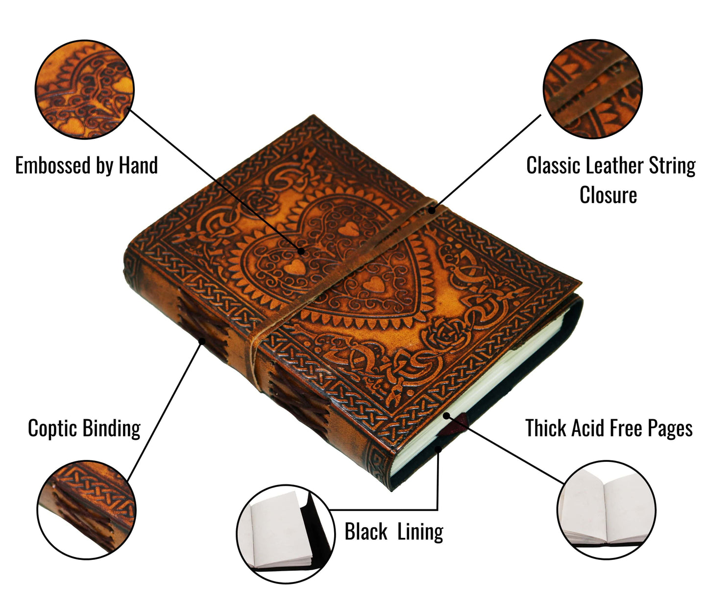 Sized At 7 X 5 1.5 Inches, This Handcrafted Leather Journal Combines Beauty And Practicality. The Richly Embossed Heart, Framed By Intricate Celtic Knotwork, Radiates Timeless Romance. A Wrap-around Tie Reinforced Spine Stitching Ensure Durability. Ideal For Personal Reflection, Poetry, Or Travel Notes, It’s Meaningful, Personalized Gift Anniversaries, Weddings, Valentine’s Day—an Enduring Companion Heartfelt Thoughts Creative Expression.