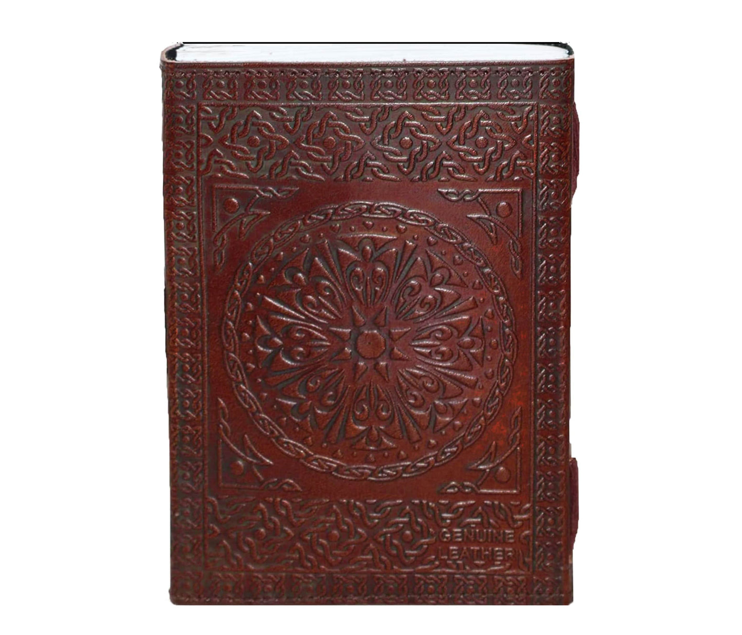 Capture Your Thoughts In Timeless Style With This Exquisitely Embossed Leather Journal, Showcasing A Radiant Mandala Sunburst At Its Center. Crafted From Genuine And Hand-tooled By Skilled Artisans, The Symmetrical Floral Design Evokes Harmony Focus. Classic Rustic Brown Finish Refined Detailing, Journal Is Both Functional Artistic. Inside, Premium-quality Pages Await Poetry, Sketches, Or Reflections—perfect For Daily Journaling, Travel Notes, Spiritual Practice.