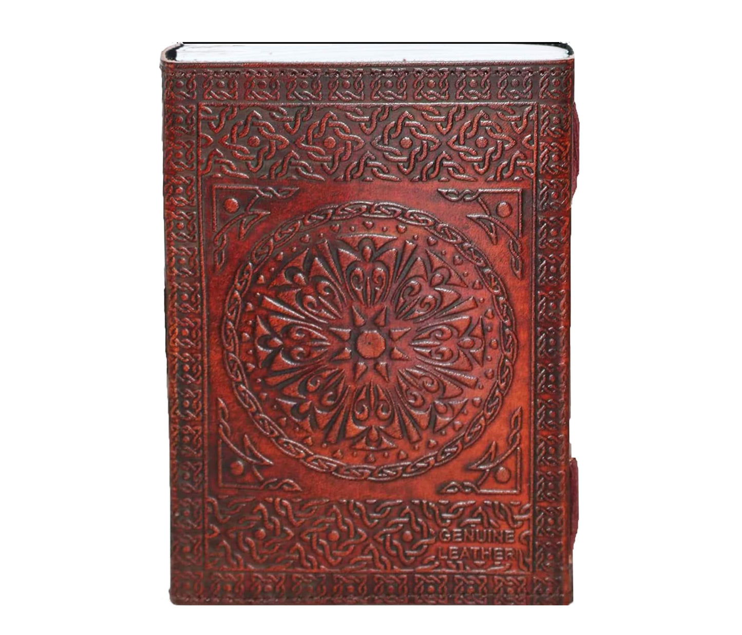 Handcrafted Mandala Leather Journal – Genuine Vintage Notebook Unfold Your Creativity With This Hand-embossed Journal, A Perfect Fusion Of Spiritual Symbolism And Artisan Craftsmanship. Featuring Beautifully Detailed Floral Medallion Pattern, It Symbolizes Balance, Mindfulness, Harmony—ideal For Meditation Notes, Dream Journaling, Or Creative Writing. Expertly Crafted From Leather, Its Rich Reddish-brown Tone Develops Unique Patina Use. The Intricate Celtic Borderwork Frames Design, Adding Charm. Thoughtful