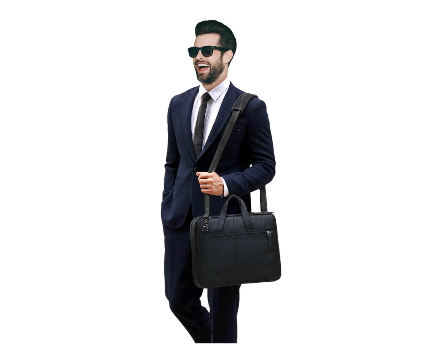 A Well-dressed Man In A Navy Suit Confidently Carries A Sleek Black Leather Laptop Bag With Strong Handles And An Adjustable Strap—ideal For Business, Office, Or Travel. His Modern, Professional Look Reflects Both Style And Practicality. Crafted From Premium Leather, This Bag Offers Elegance And Durability. A Perfect Personalized Birthday Gift, Graduation Gift, Or Customized Gift For Men And Women Who Appreciate Refined, Professional Accessories.
