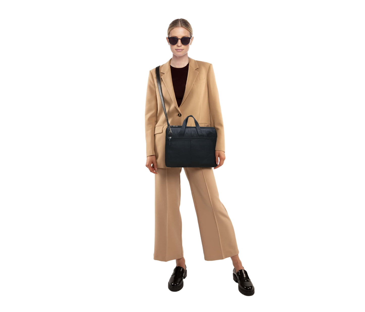 A Confident Woman Holds Stylish Black Leather Laptop Bag, Perfect For Work, Business Meetings, Or Travel. Dressed In Camel-colored Pantsuit And Shoes, She Exudes Modern Professionalism. The Bag Features Sturdy Handles, Detachable Shoulder Strap, Ample Space Laptop, Documents, Essentials. Personalized Birthday Gift, Graduation Customized Gift Men Women Who Value Functionality, Elegance, Everyday Sophistication.