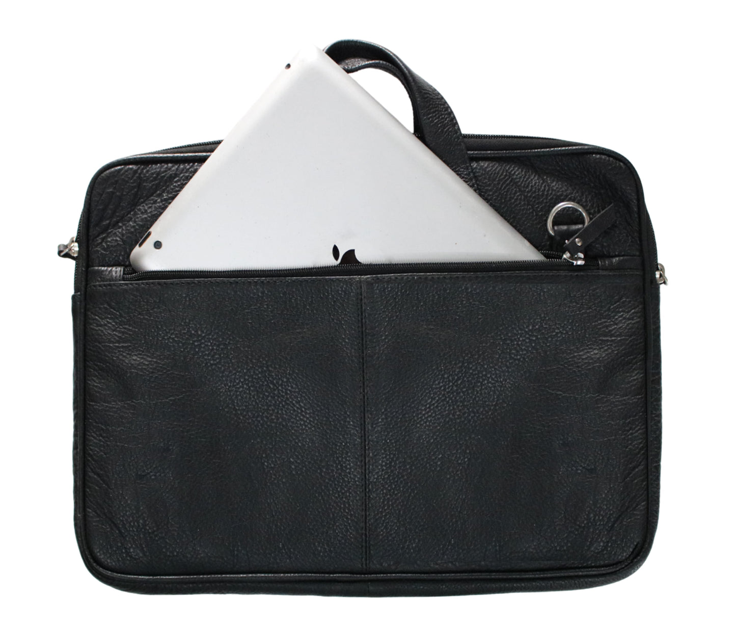 This Black Genuine Leather Laptop Bag Features A Spacious Front Zippered Pocket—shown Here Holding Tablet For Size Reference. With Sturdy Top Handle, Side D-rings An Optional Strap, And Smooth, Soft-grain Finish, It Blends Elegance Function. Ideal Professionals, Students, Tech Users, Fits Gadgets, Notebooks, Essentials. Personalized Birthday Gift, Graduation Or Customized Gift Men Women—perfect Office Travel.